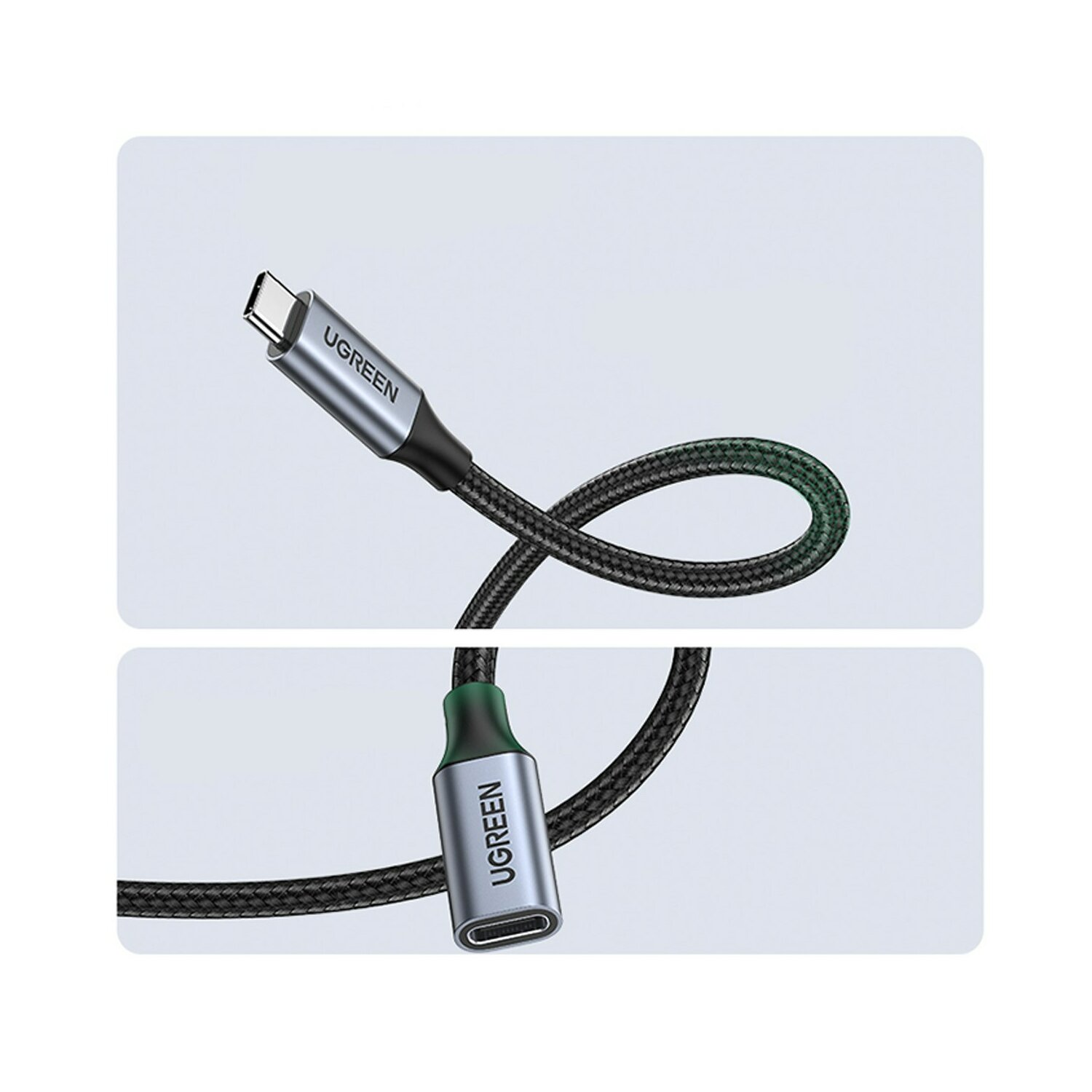 Due immagini di un cavo USB-C, connettore argentato in alto, cavo nero, verde e nero in basso.