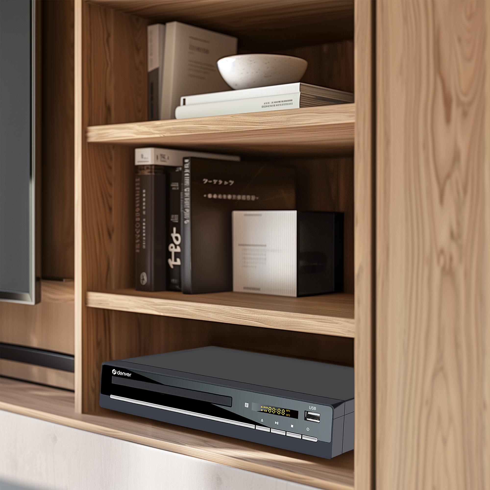 Czarny odtwarzacz DVD znajduje się w drewnianej szafce. Książki, miska i dekoracje znajdują się na półkach.