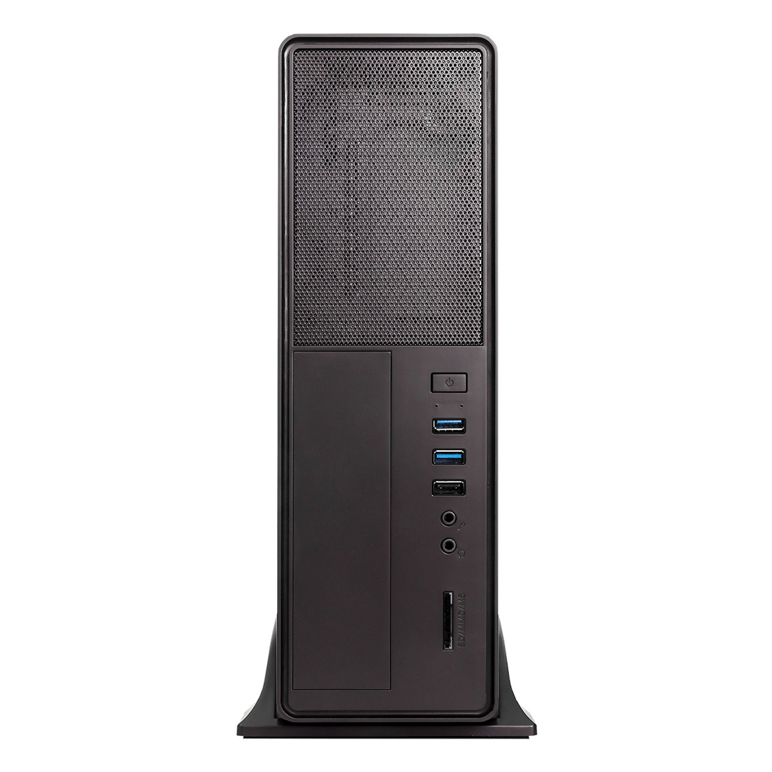 Carcasa de ordenador negra. Vista frontal con ventilación de malla, botón de encendido, puertos USB y ranura SD.