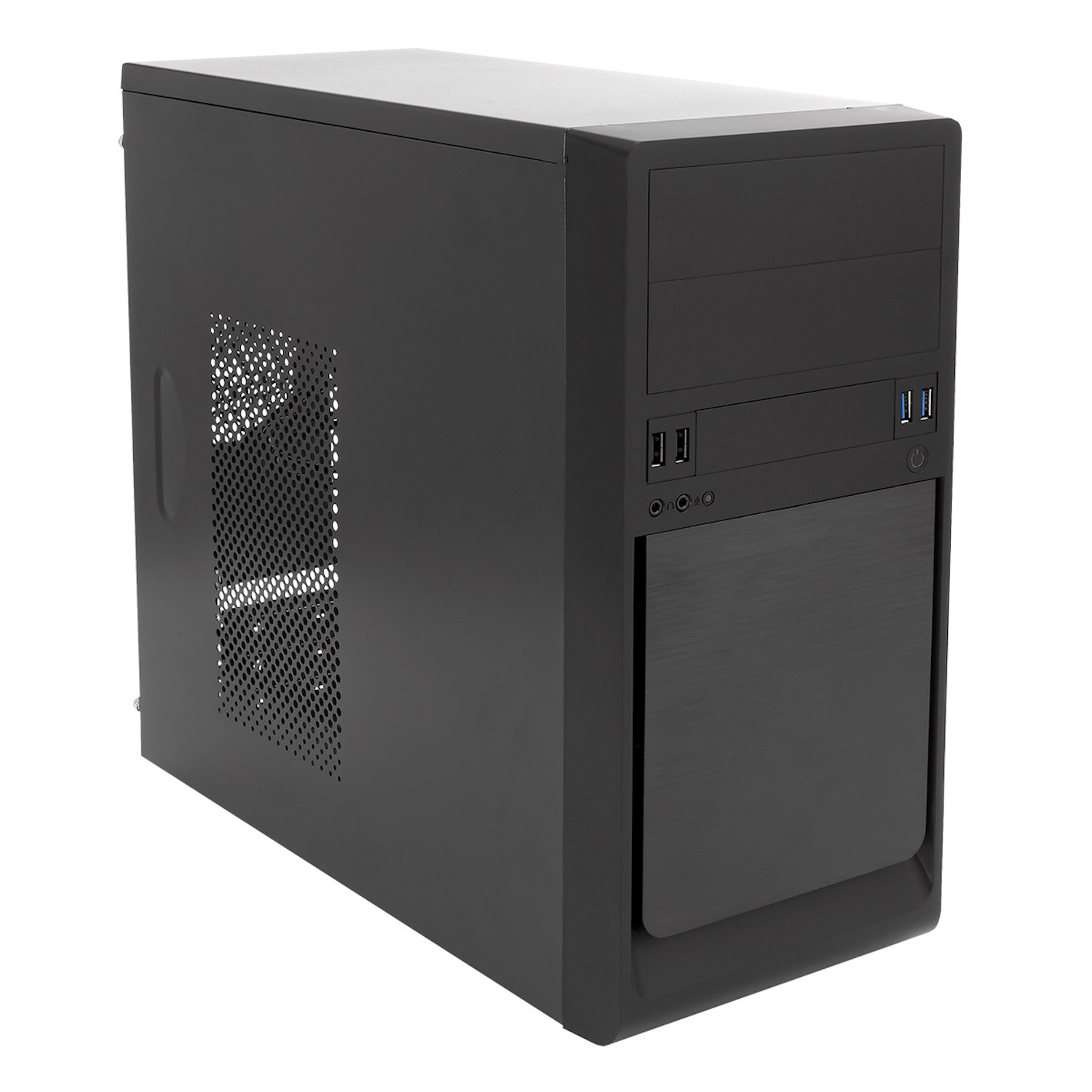 Caja de ordenador negra con ventilación lateral y puertos. Fondo blanco.