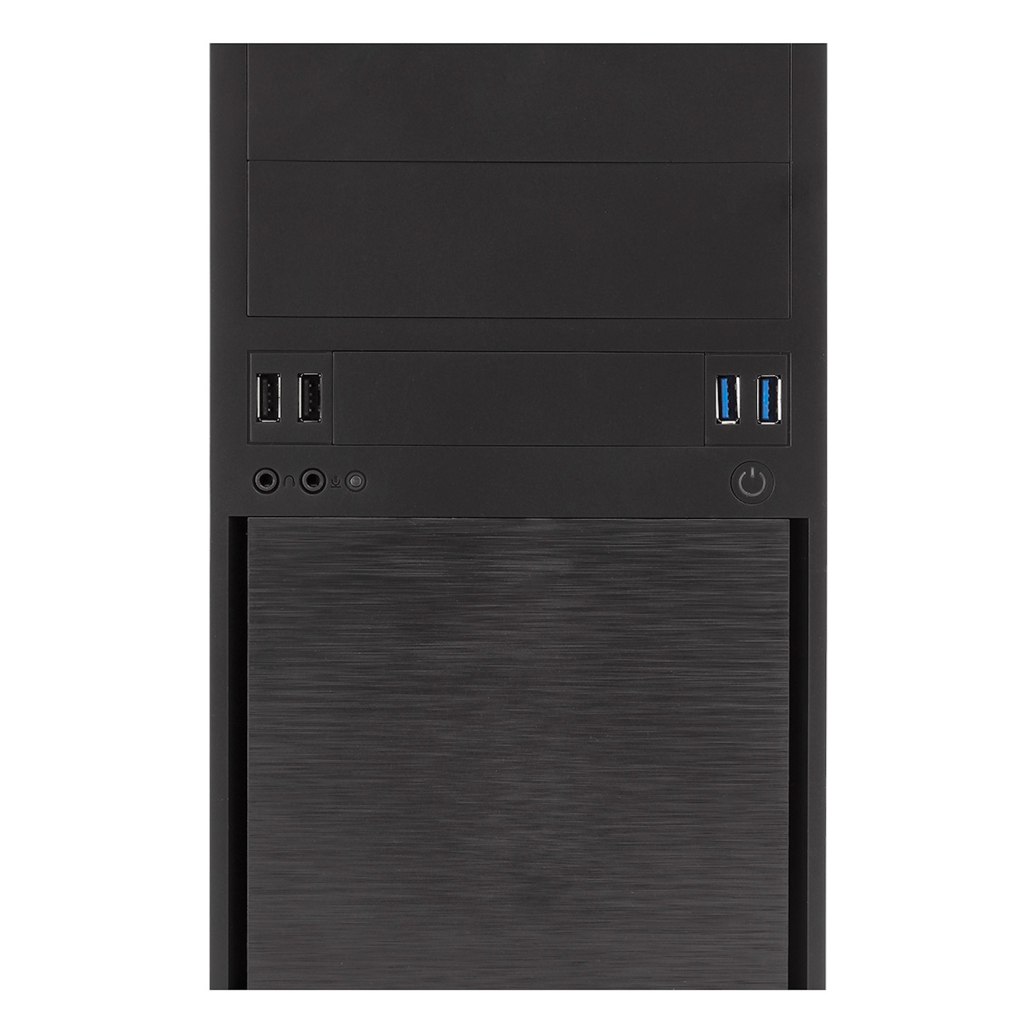 Caja de ordenador negra. El panel frontal tiene puertos USB, un botón de encendido y otros puertos de conexión.
