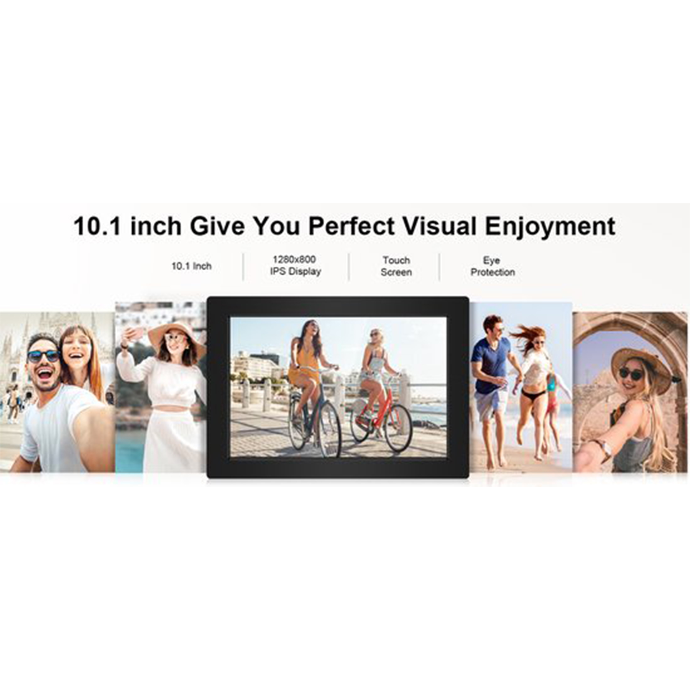 Tablet 10,1 cala ze zdjęciami ludzi w tle. Tekst: 10,1 cala zapewni Ci doskonałą przyjemność wizualną.