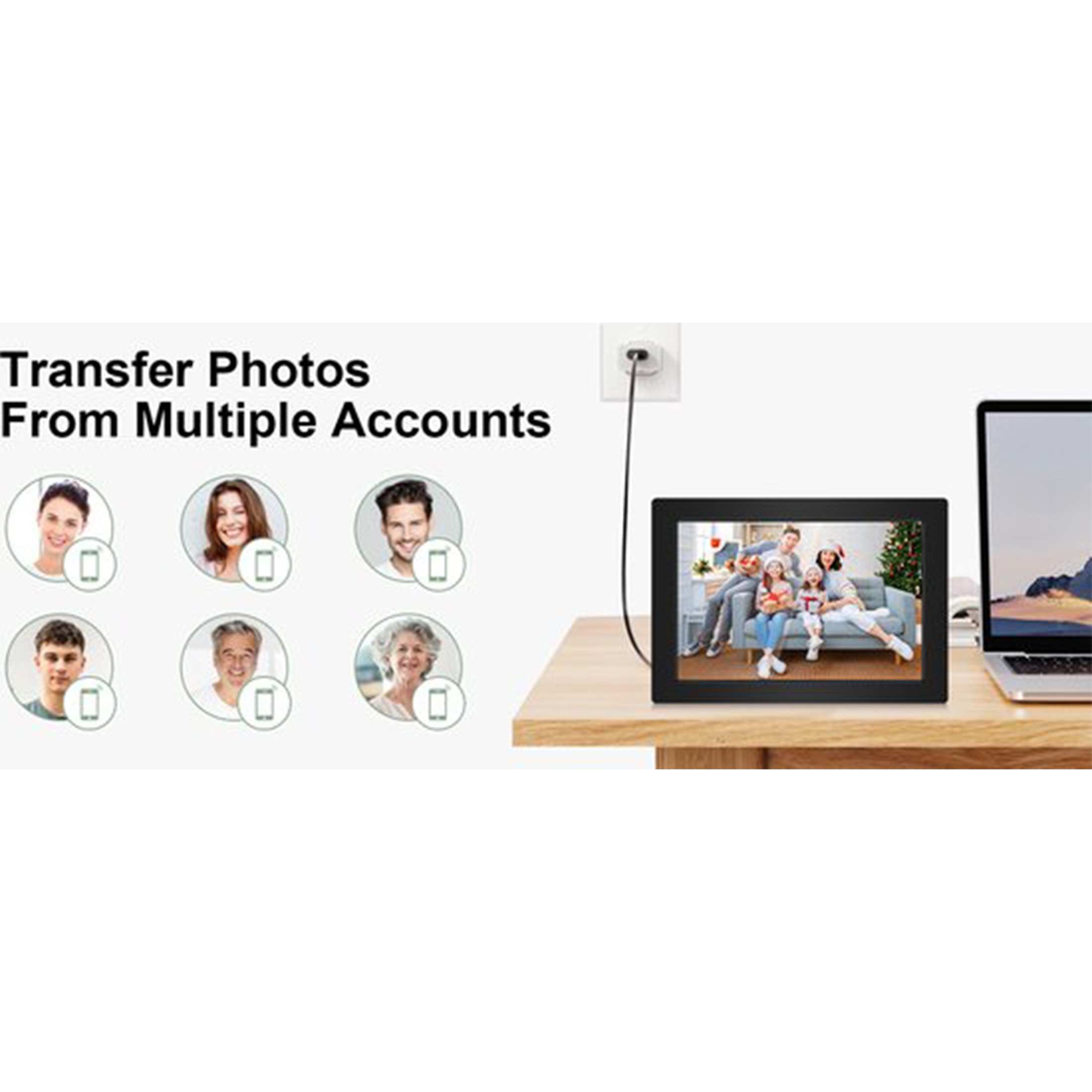 Cyfrowa ramka na zdjęcia wyświetla zdjęcie rodzinne. Sześć zdjęć profilowych po lewej, laptop po prawej.