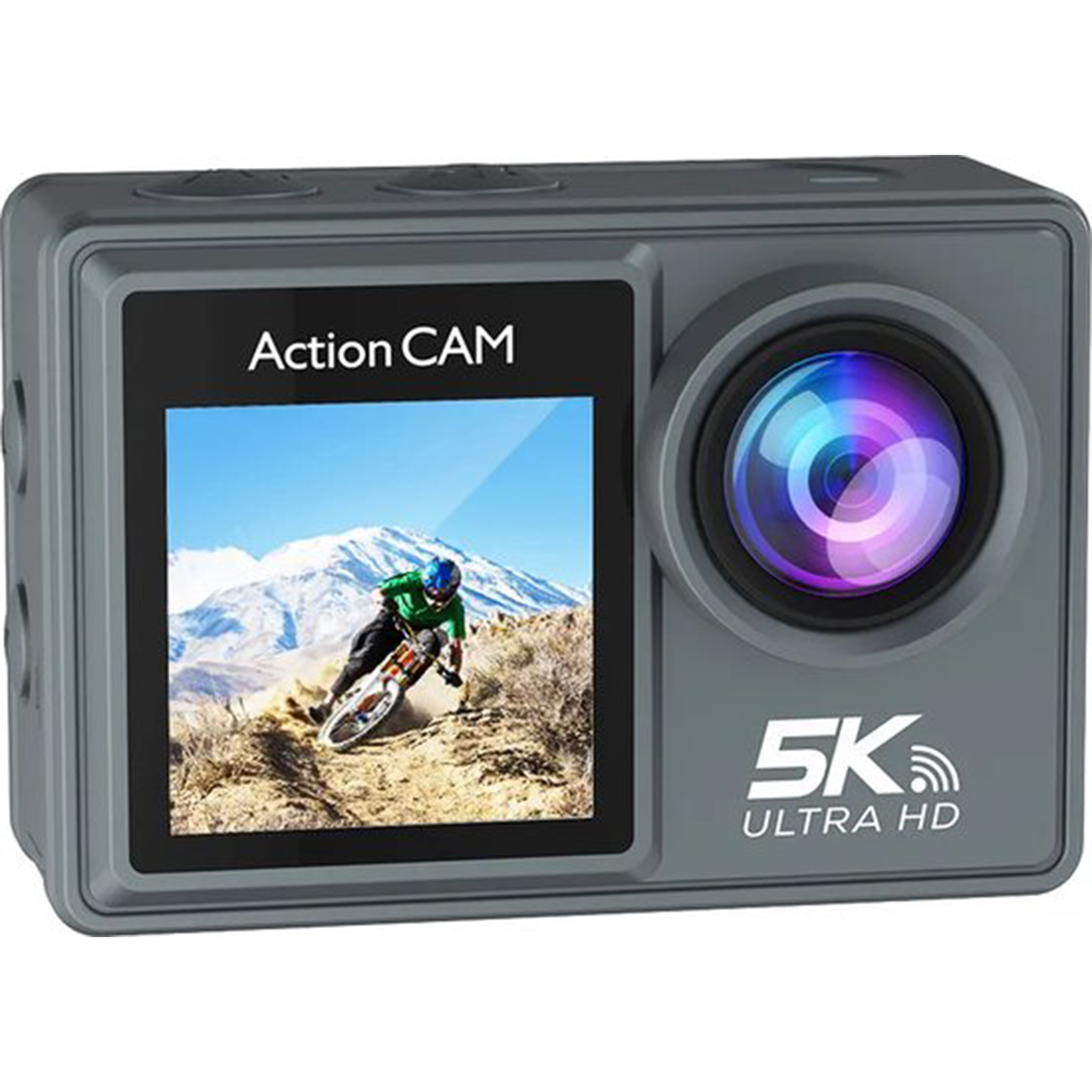 Kamera sportowa z ekranem pokazującym motocyklistę. Z przodu obiektyw i napis 5K Ultra HD.