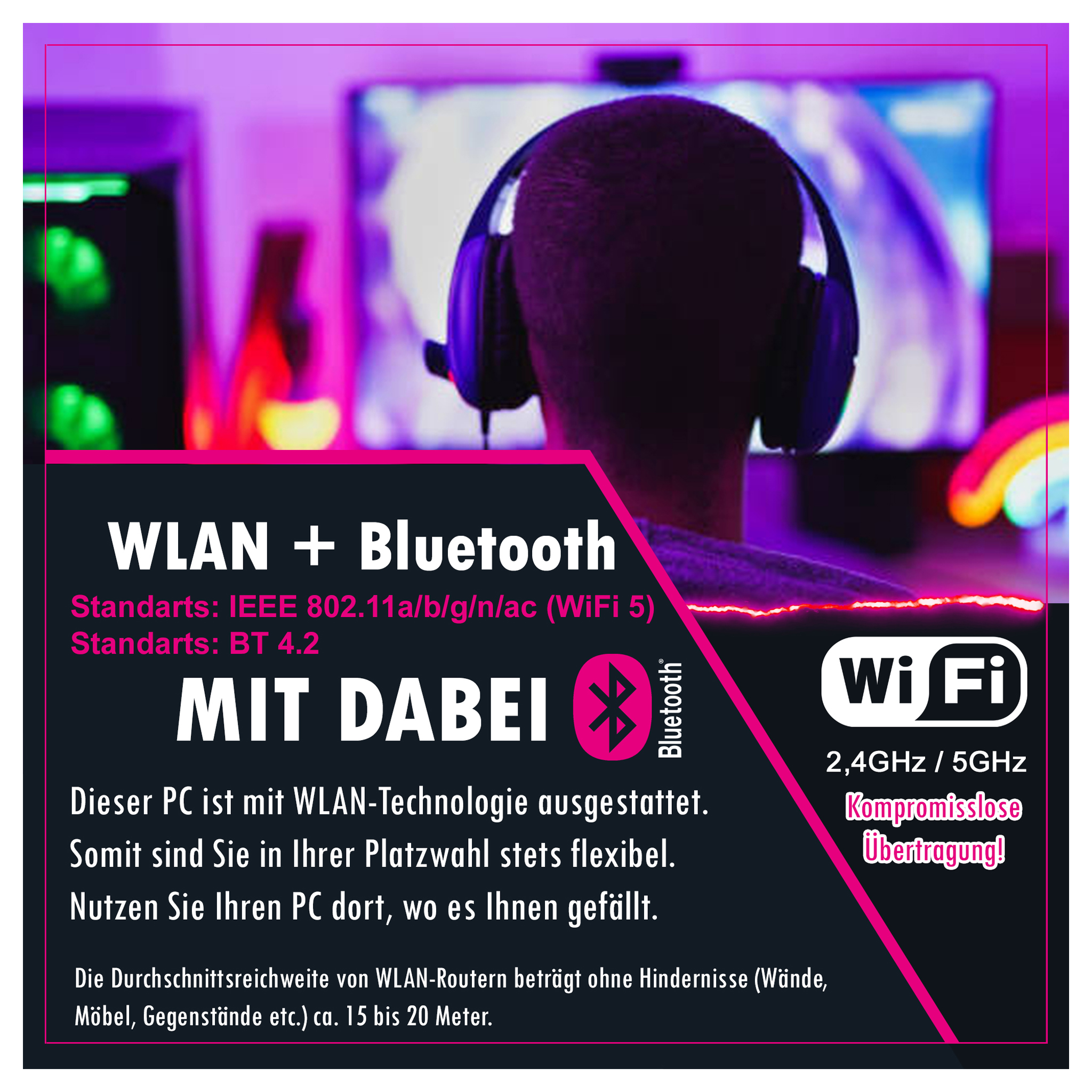Person trägt Kopfhörer, blickt auf einen Bildschirm. Grafische Überlagerung mit Text.