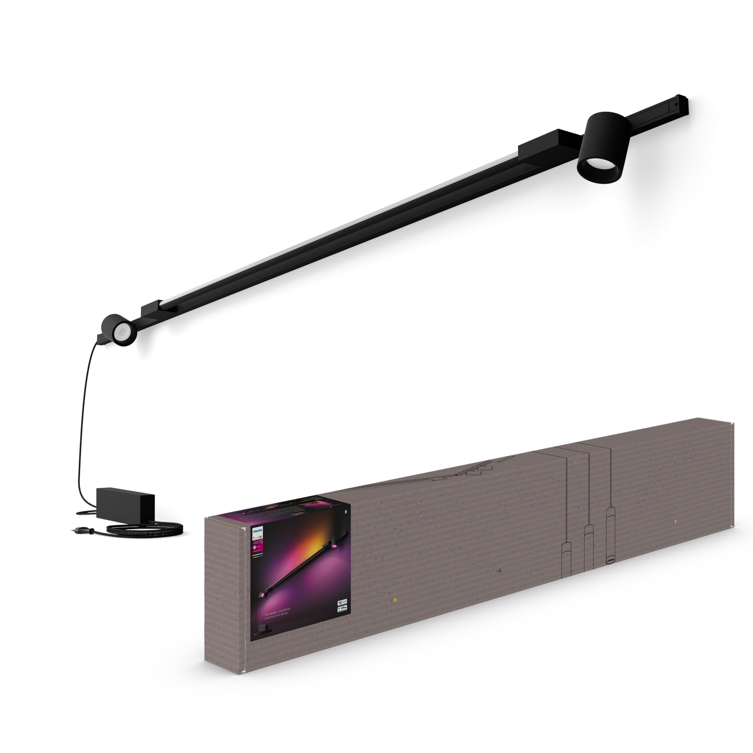 Schwarze Wandleuchte mit einer Box. Die Lampe ist ein langer Balken mit einem Scheinwerfer am Ende.