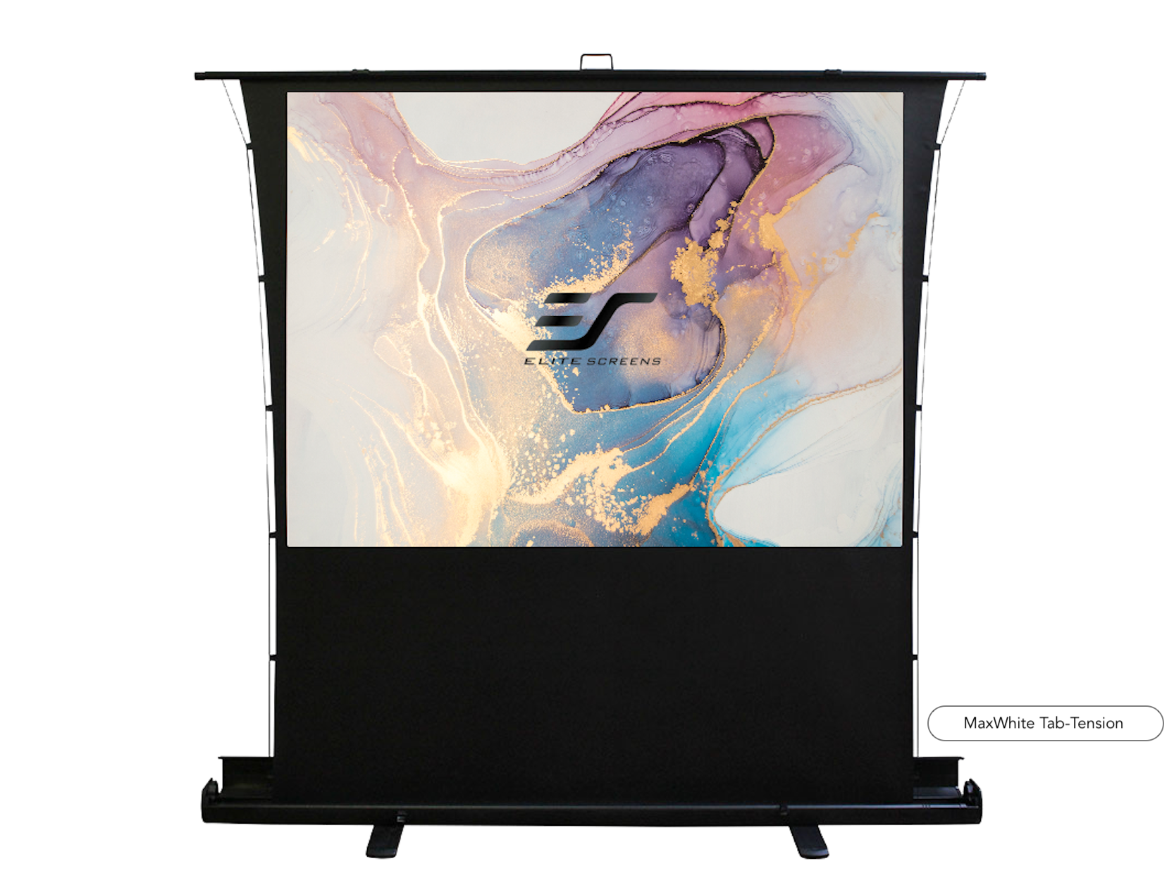 Een zwart projectiescherm met een kleurrijke abstracte achtergrond. De merknaam is zichtbaar.