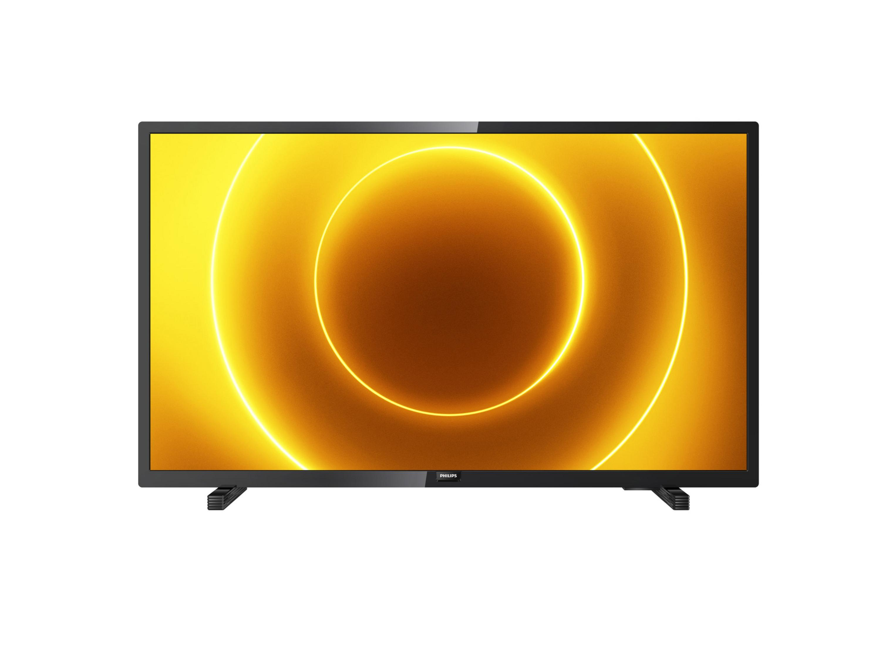 TV a schermo piatto che mostra un motivo circolare giallo e arancione su sfondo bianco.