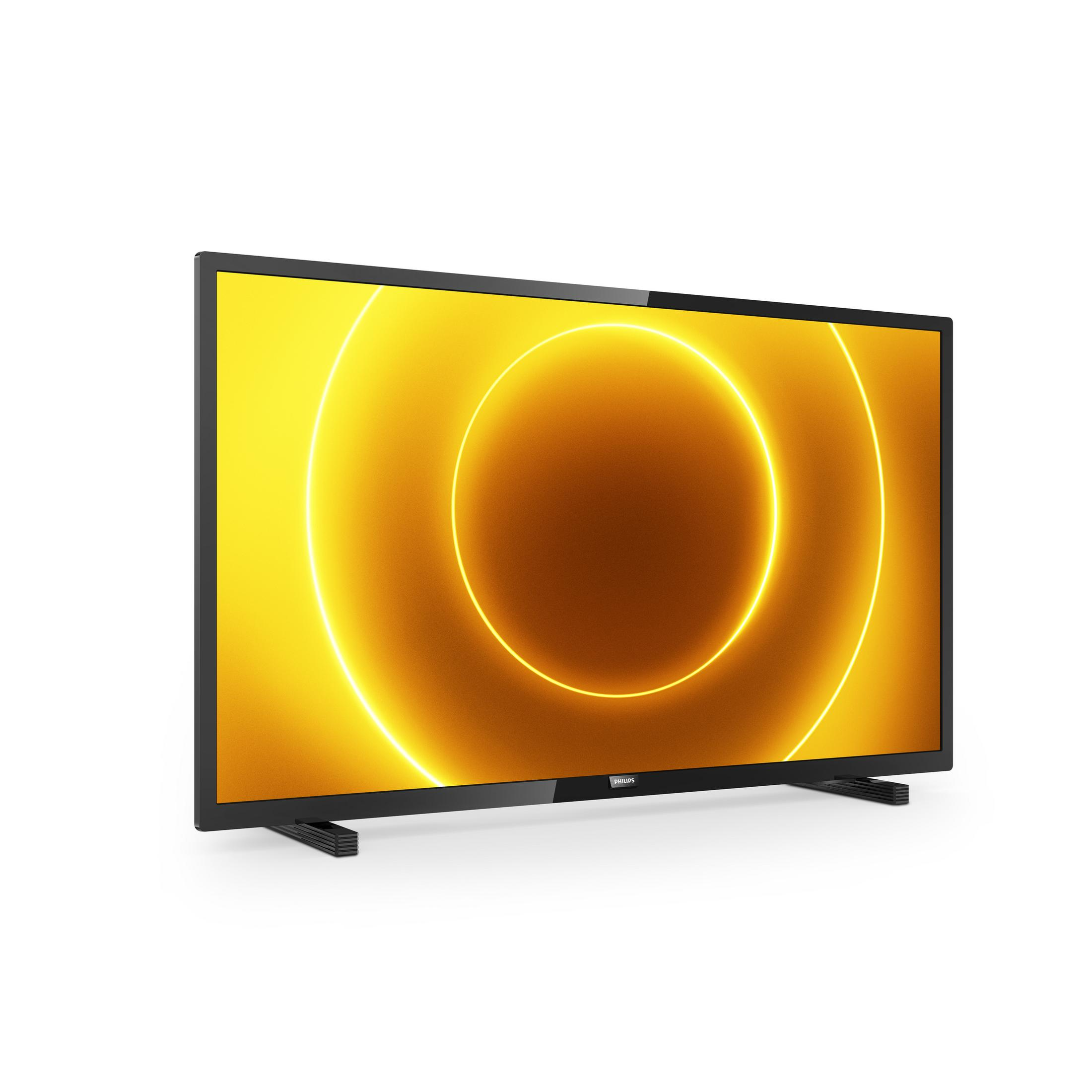 Uno schermo TV nero con un motivo di luce giallo e arancione. È acceso.