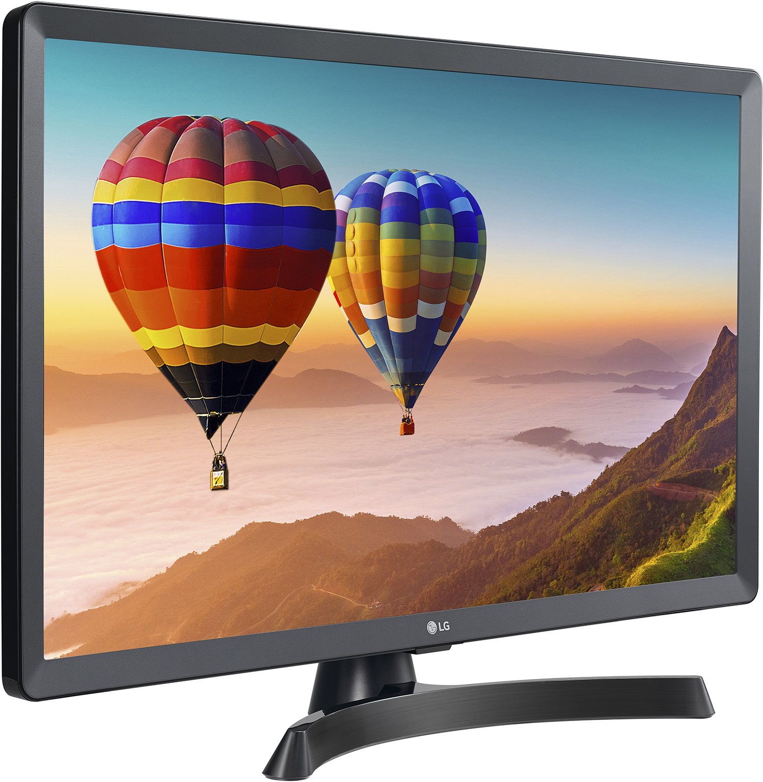 Il monitor LG mostra mongolfiere sopra montagne e nuvole. Cornice e supporto neri visibili.