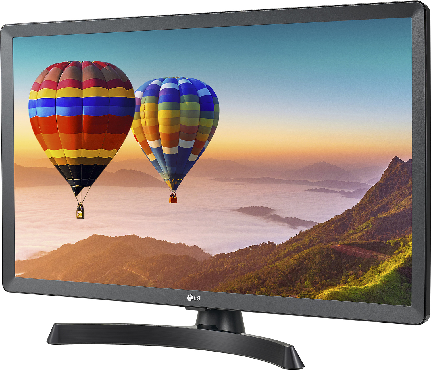 Schermo TV che mostra mongolfiere sopra le montagne, con cornice scura e supporto nero.