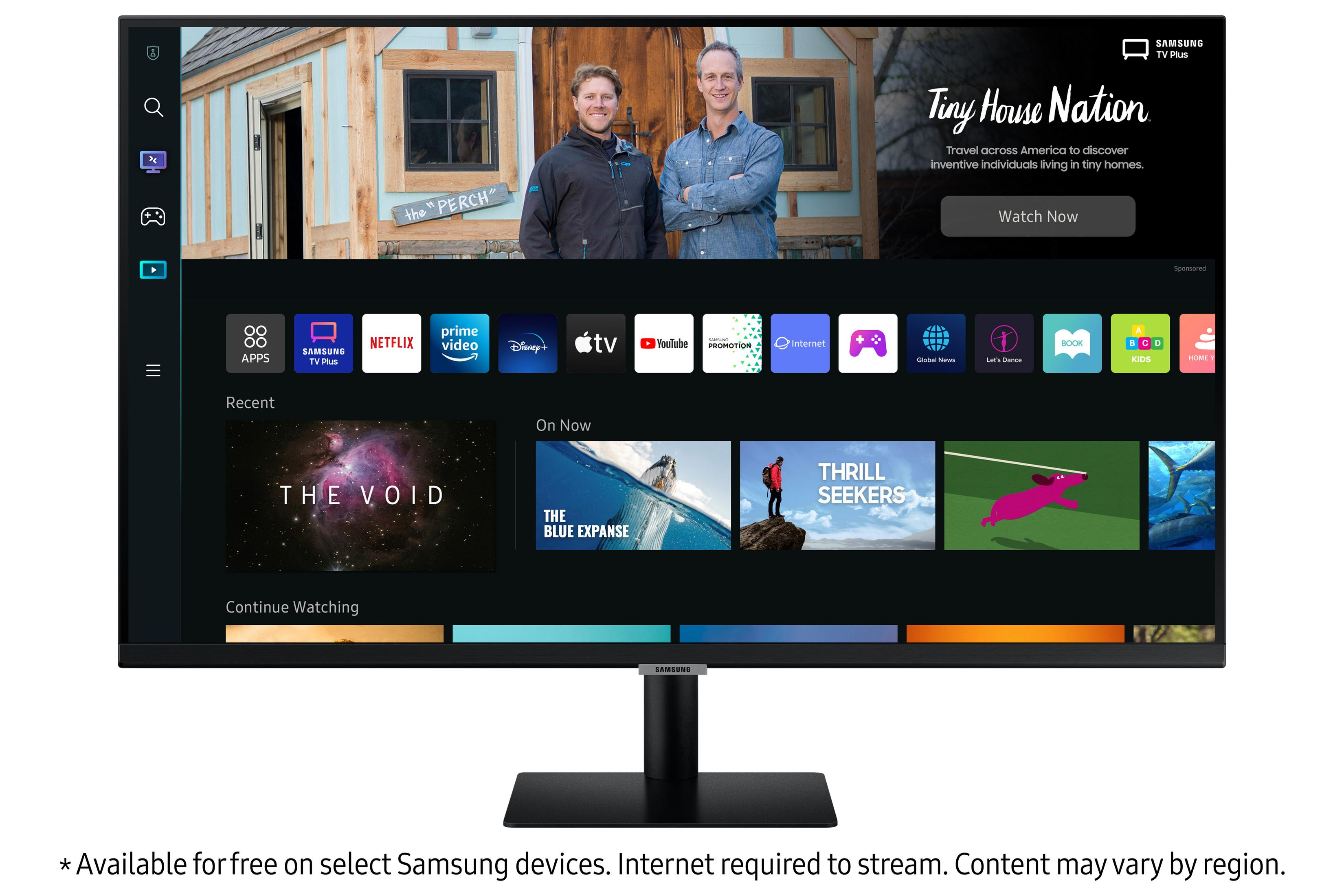 Uno schermo TV Samsung che mostra le app. Lo sfondo mostra due uomini e il testo 'Tiny House Nation'.