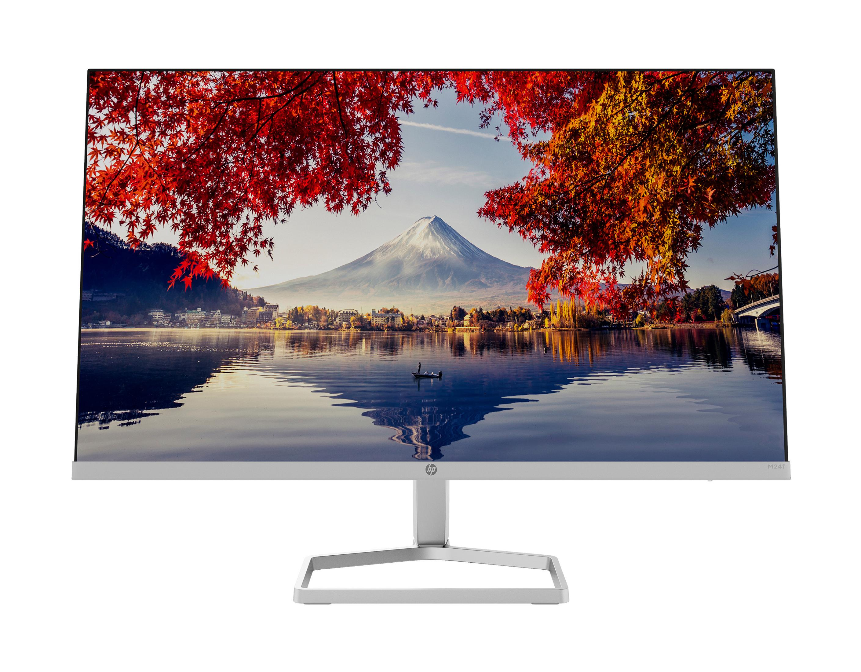Un monitor di computer che mostra una scena lacustre con montagne, alberi e un riflesso.