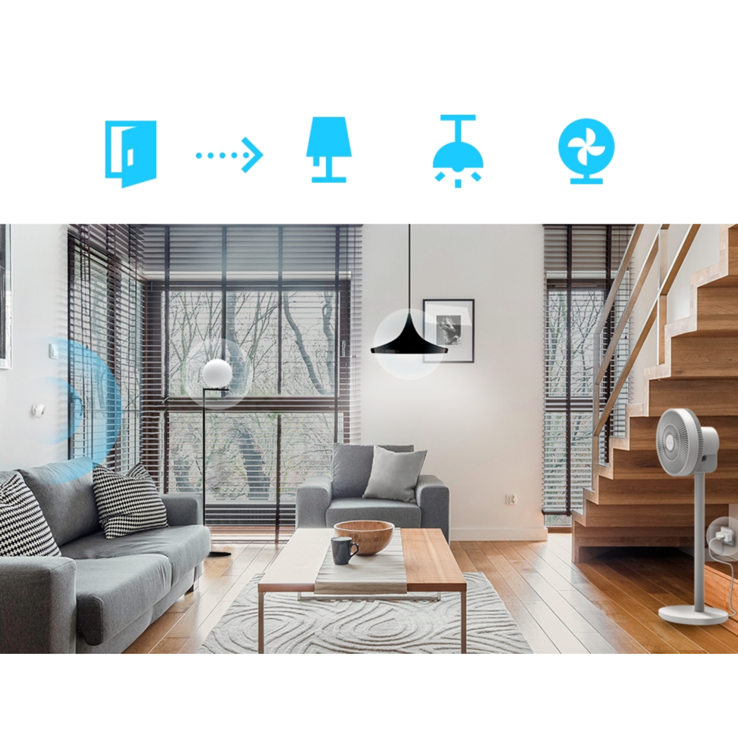Ein Wohnzimmer mit Symbolen, die Smart-Home-Automatisierung darstellen: Tür, Lichter, Deckenventilator.
