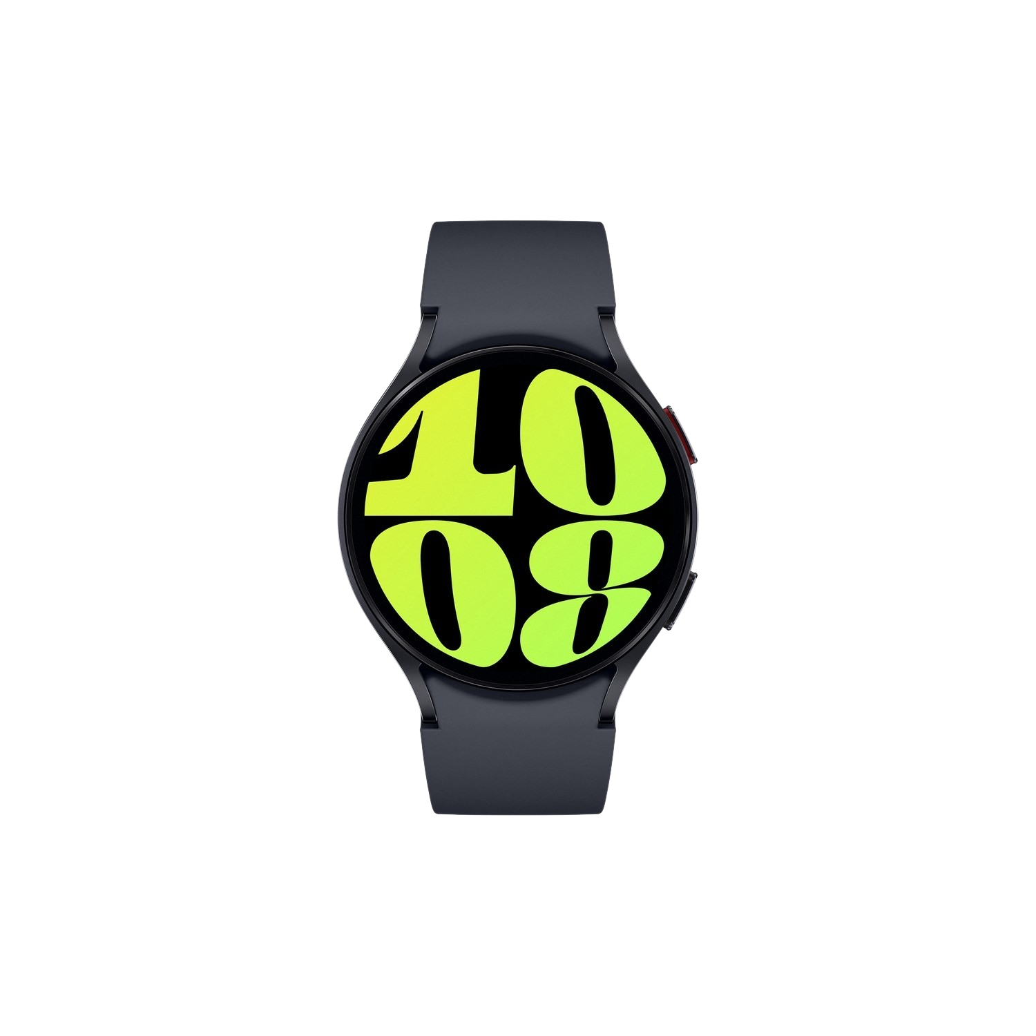 Smartwatch Samsung nero con display verde e giallo che mostra l'ora.