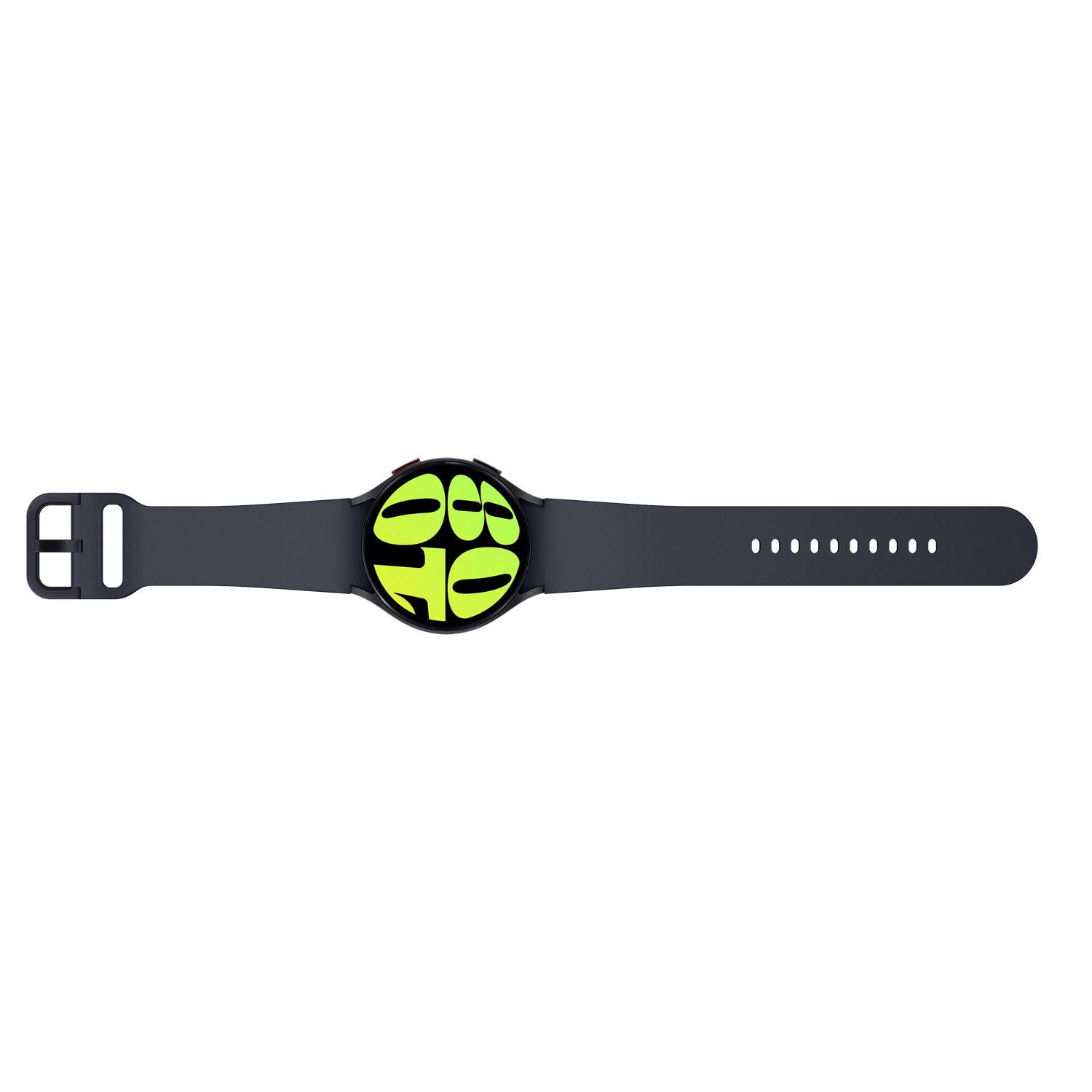 Uno smartwatch, cinturino grigio con display giallo e verde, su sfondo bianco.