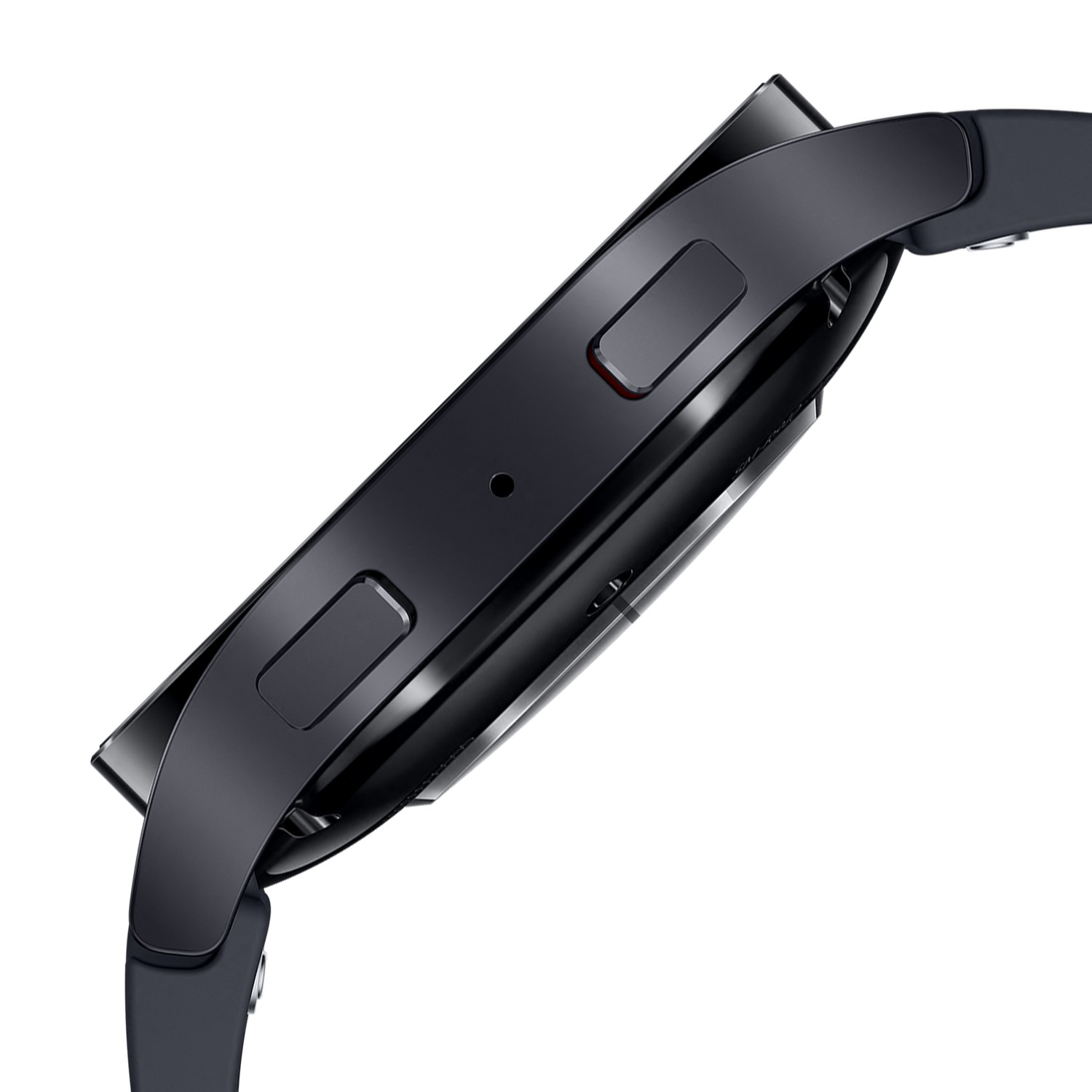 Close-up van een zwarte smartwatch met een gebogen scherm en twee zijknopjes.