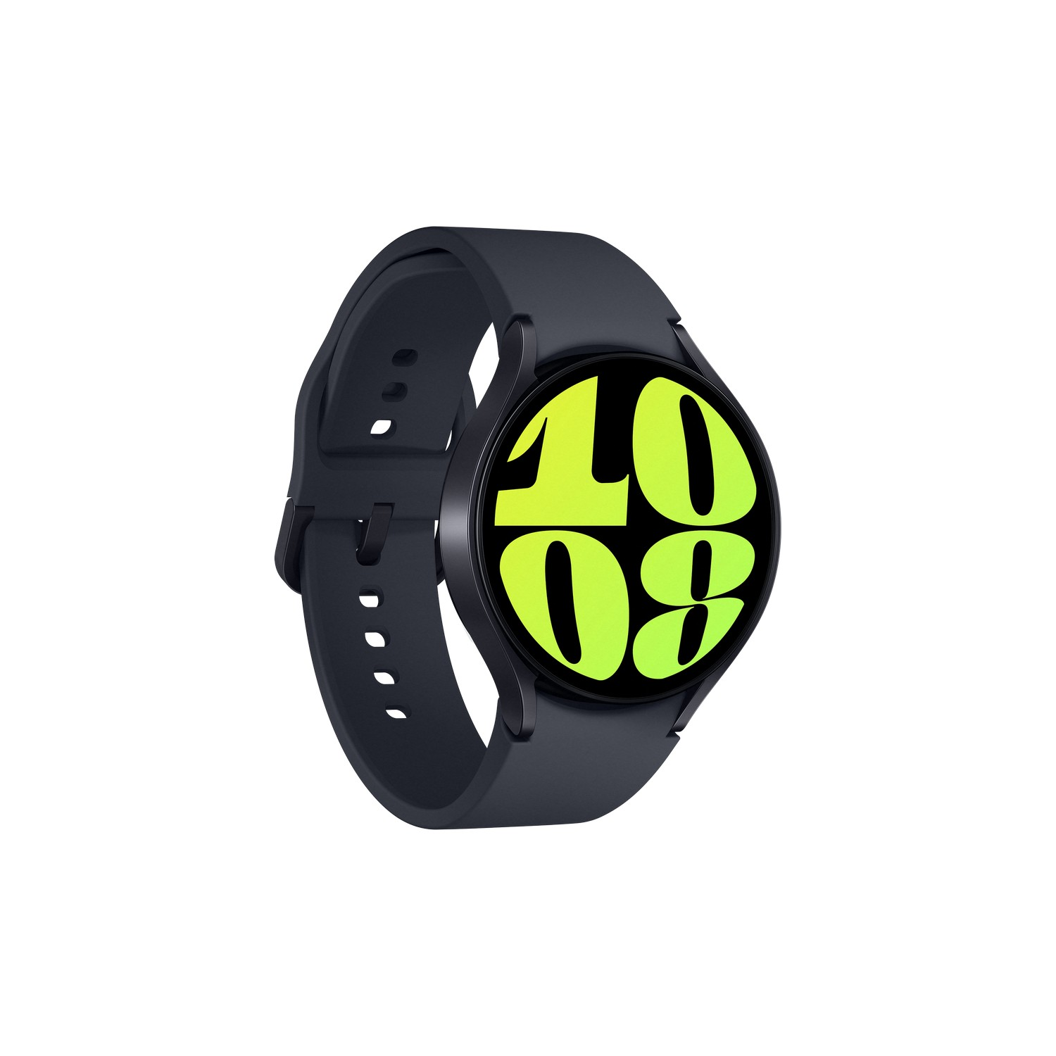 Uno smartwatch nero mostra l'ora, con display verde e giallo su sfondo bianco.
