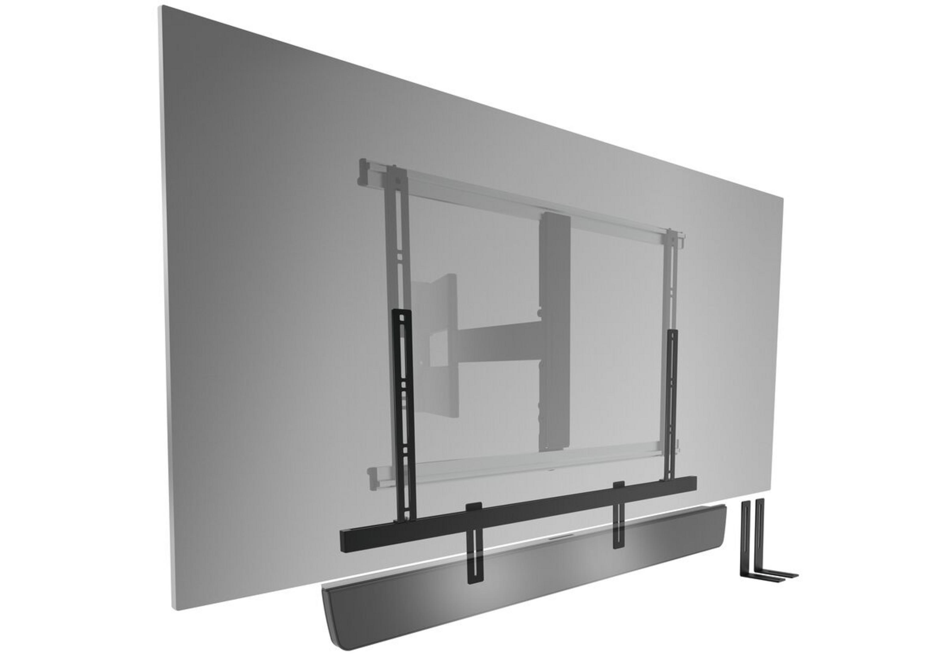 Telewizor zamontowany na ścianie z uchwytami i listwą dźwiękową poniżej.
