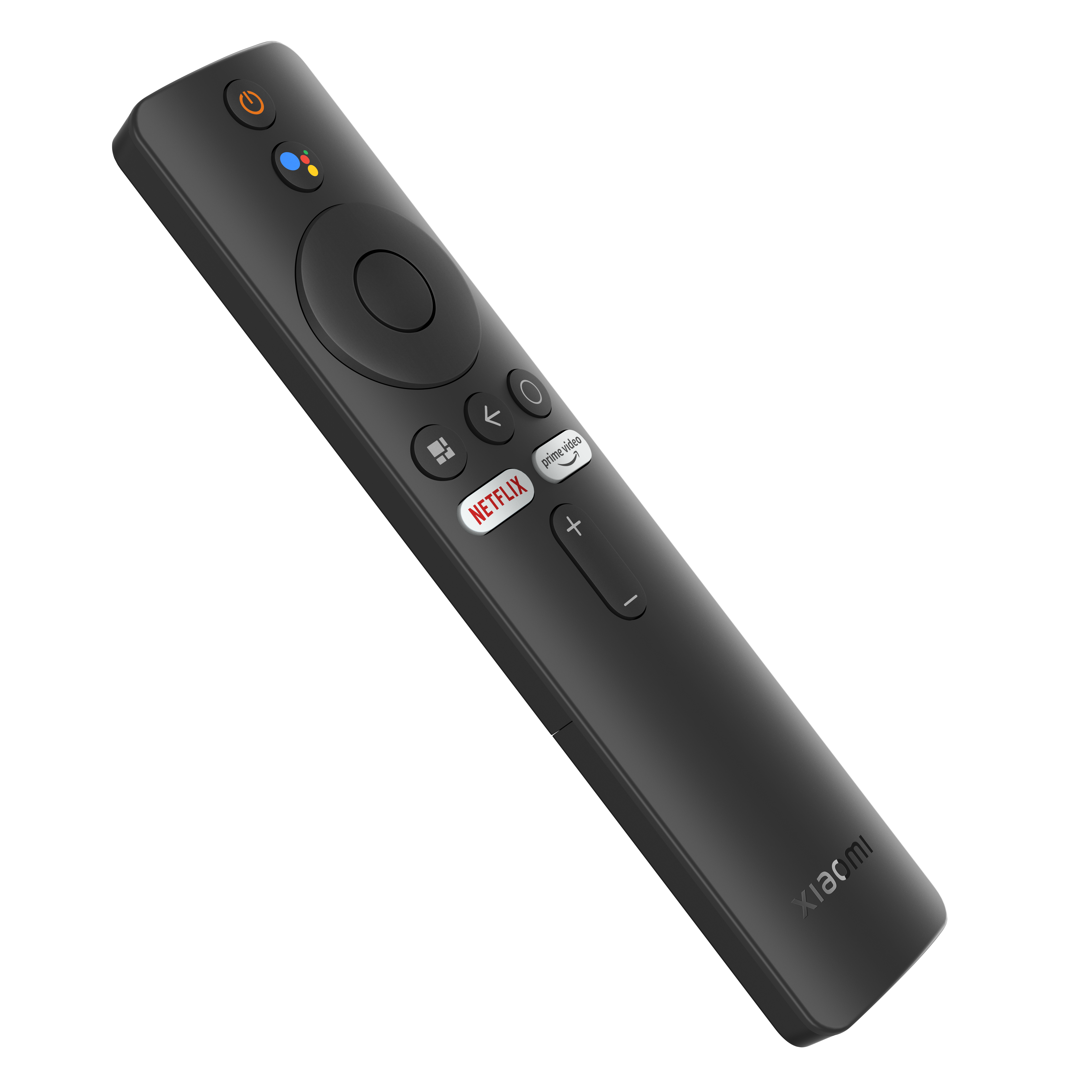 Czarny pilot Xiaomi z różnymi przyciskami, w tym Netflix i Prime Video, na czarnym tle.