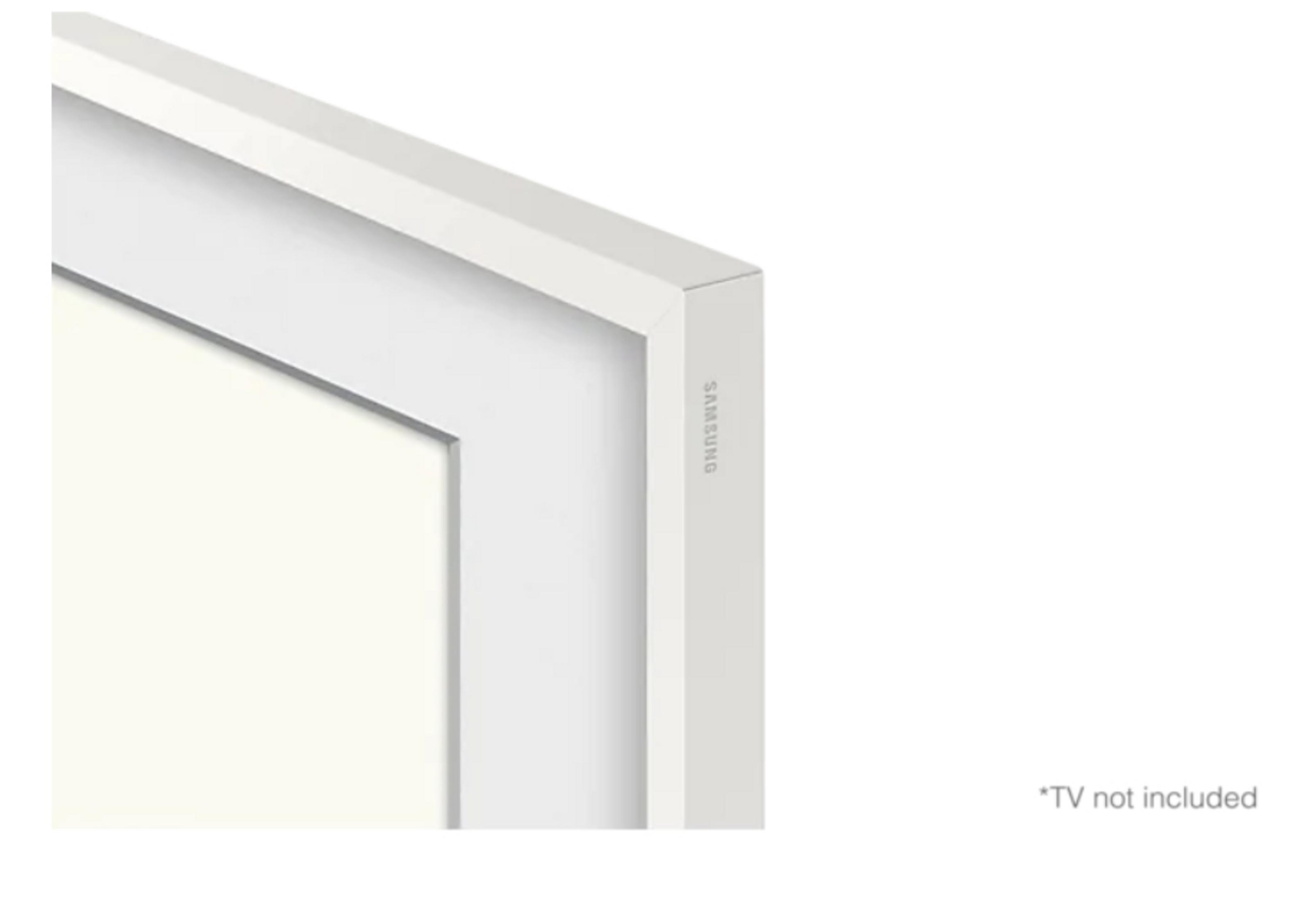 Ein weißer TV-Rahmen wird gezeigt, der Markenname ist sichtbar. Der Hintergrund ist weiß, und der Text lautet 'TV nicht enthalten'.