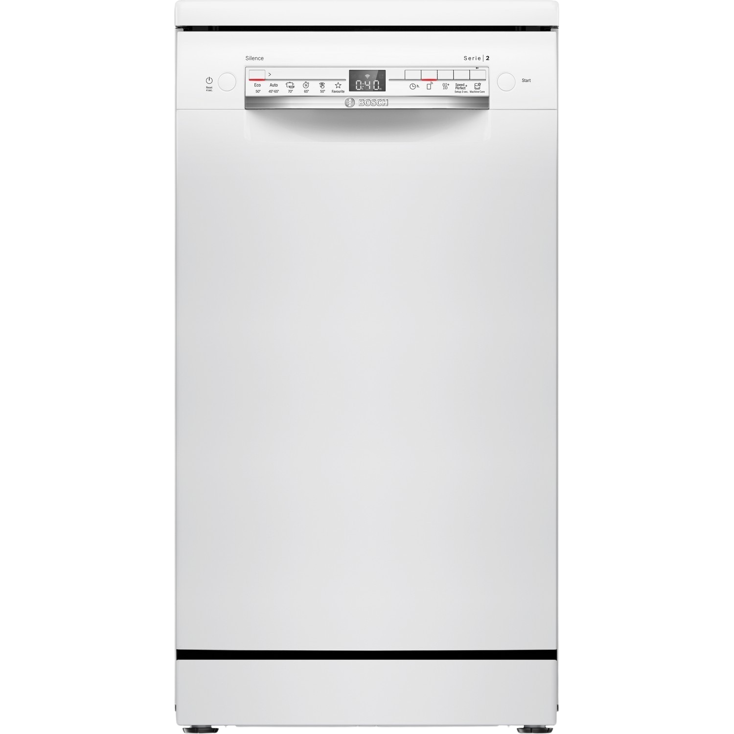 Biała zmywarka z cyfrowym wyświetlaczem na czarnym tle.