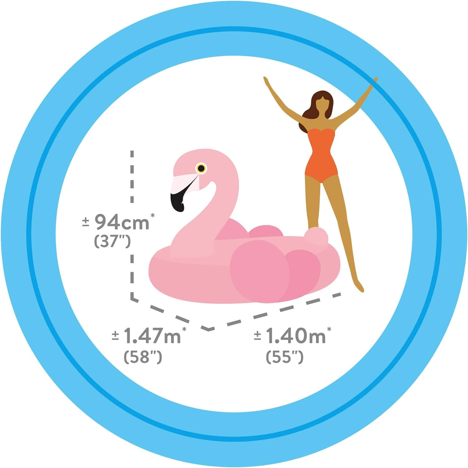 Pinker Flamingo-Schwimmer mit Frau und Messungen. Blauer kreisförmiger Rand. Weißer Hintergrund.