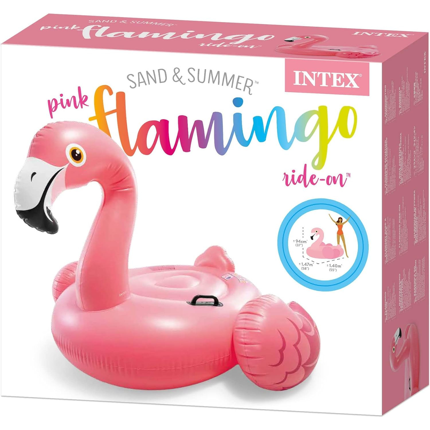 Rosa Flamingo Ride-On-Schwimminsel in der Verpackung mit grafischen Details.