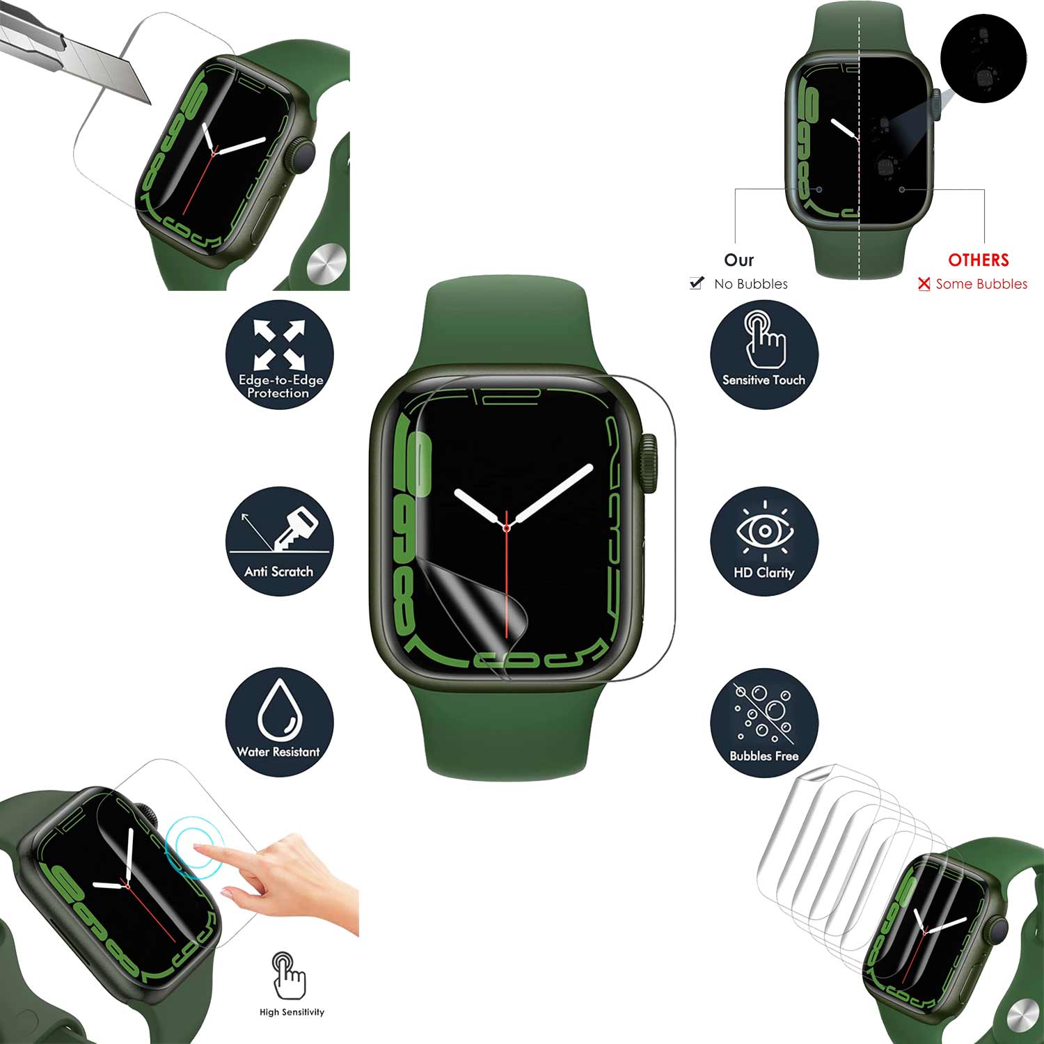 Grüne Smartwatch mit Details zur Anbringung eines Displayschutzes, kratzfest und wasserdicht.