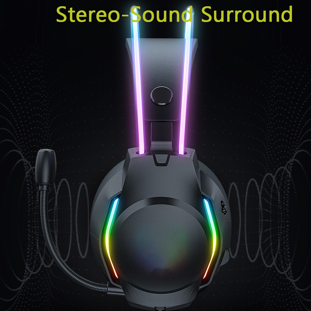 Schwarzes Gaming-Headset mit bunten Lichtern und Mikrofon, umgeben von Schallwellen.