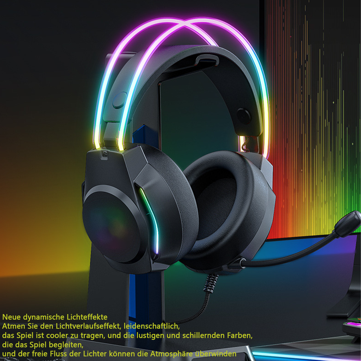Schwarzes Gaming-Headset auf einem Ständer mit bunten Neonlichtern.