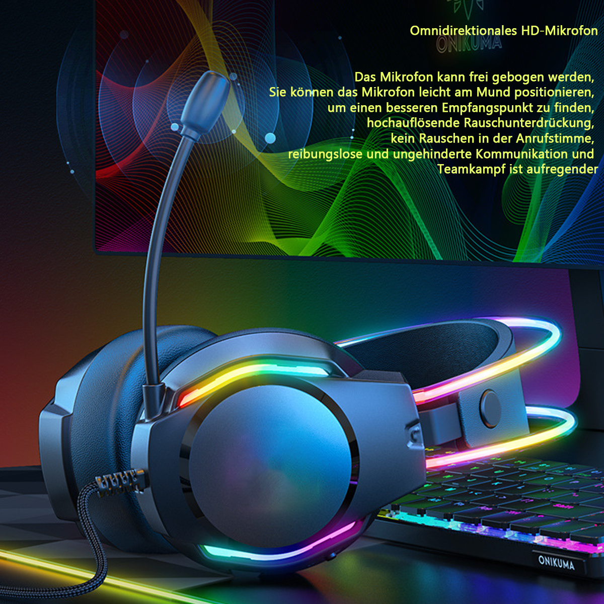 Schwarzes Gaming-Headset mit bunten Lichtern und Mikrofon, auf einem Schreibtisch mit Tastatur.