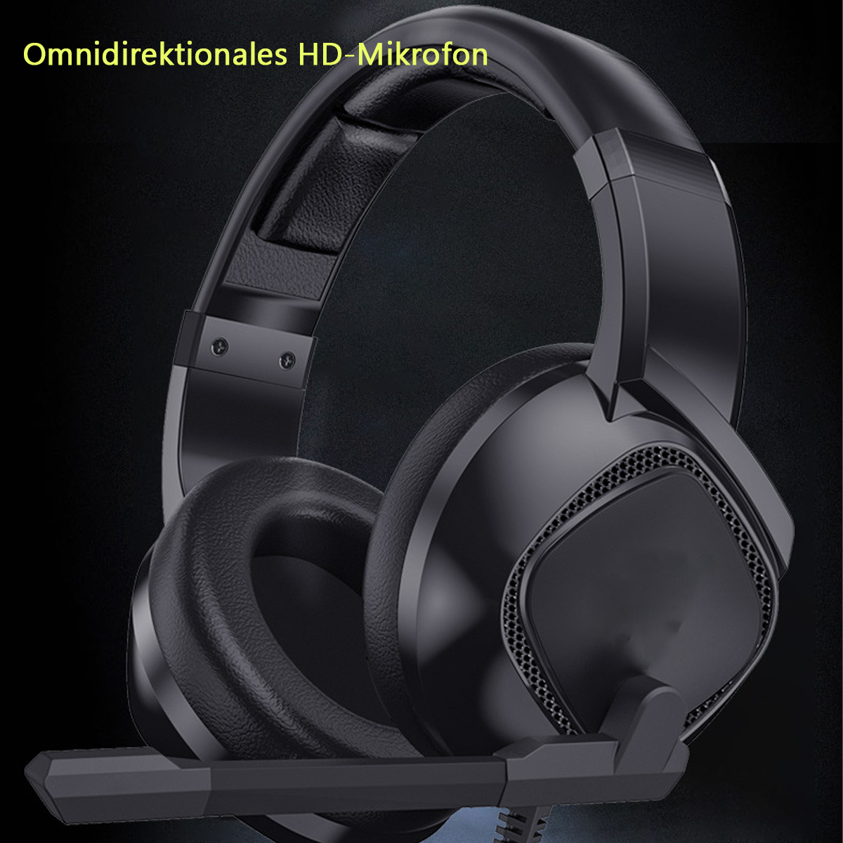 Schwarzes Gaming-Headset mit Mikrofon. Der Hintergrund ist dunkel mit einem bläulichen Farbton.