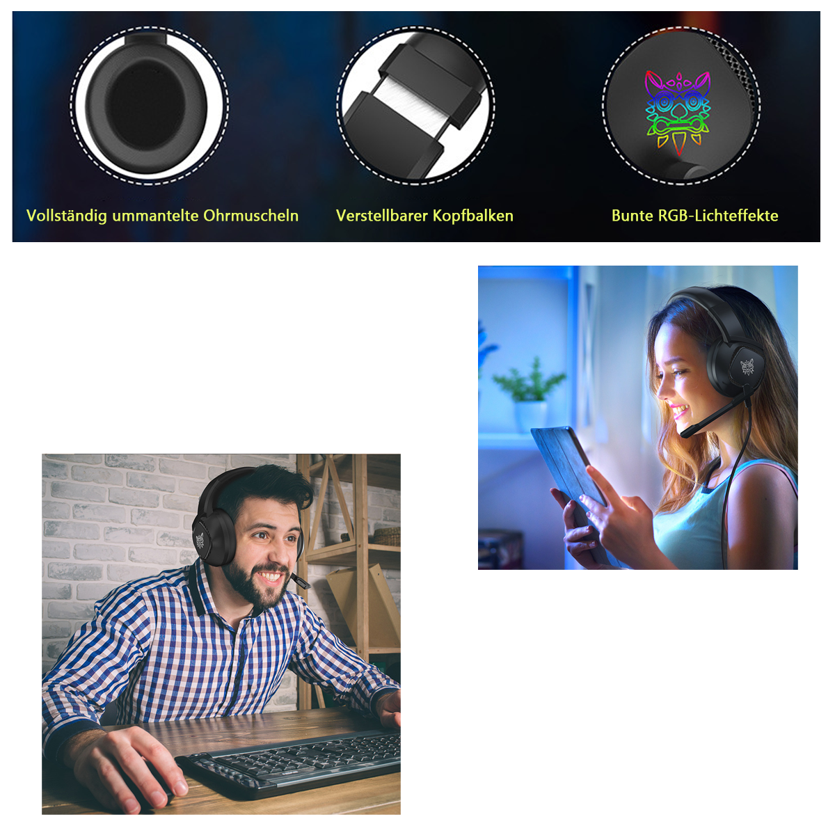 Headset-Komponenten und zwei Personen mit Headsets. Ein Mann mit Tastatur, eine Frau mit Tablet.