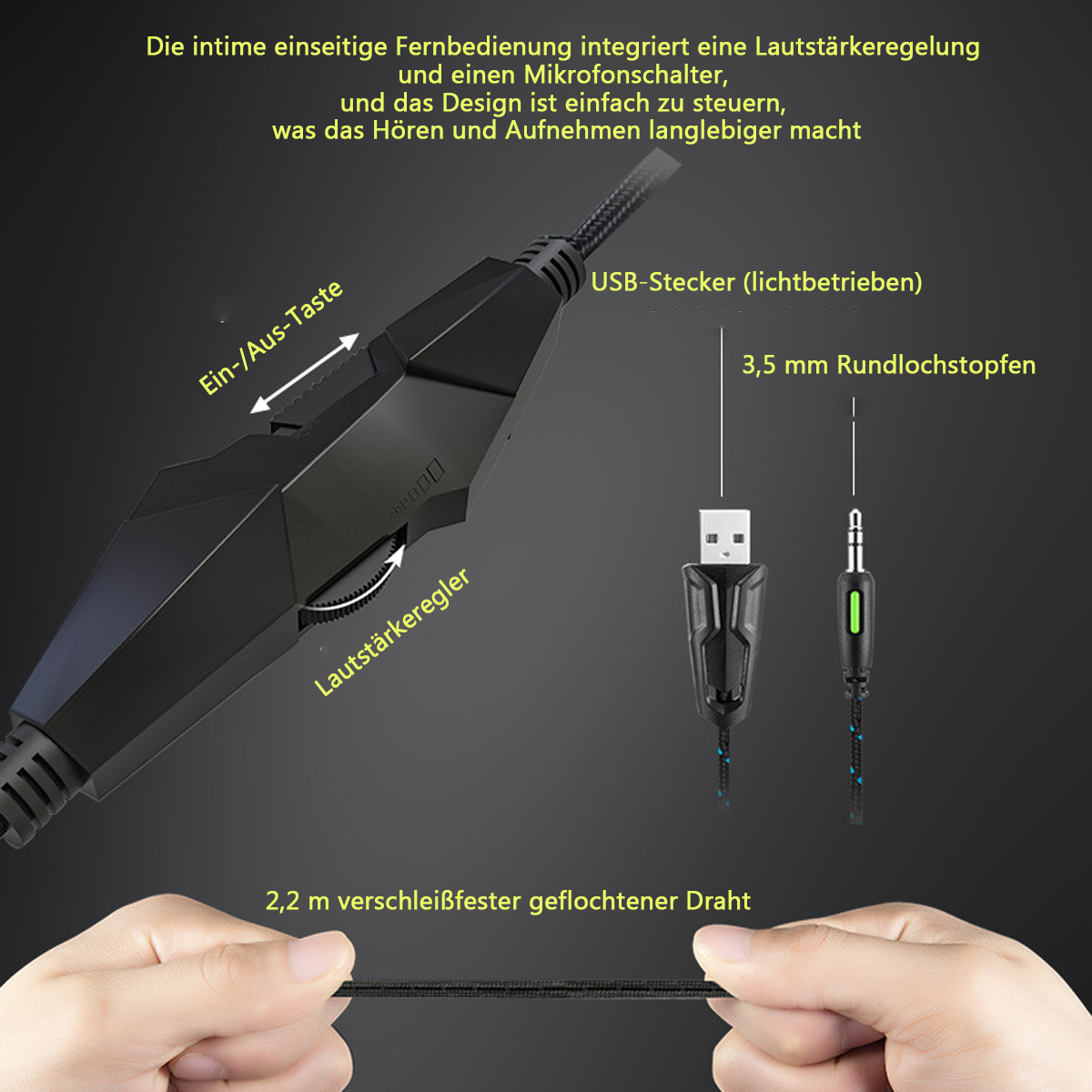 Schwarzes und graues Audiogerät. USB- und Klinkenstecker sichtbar. Text auf Deutsch.