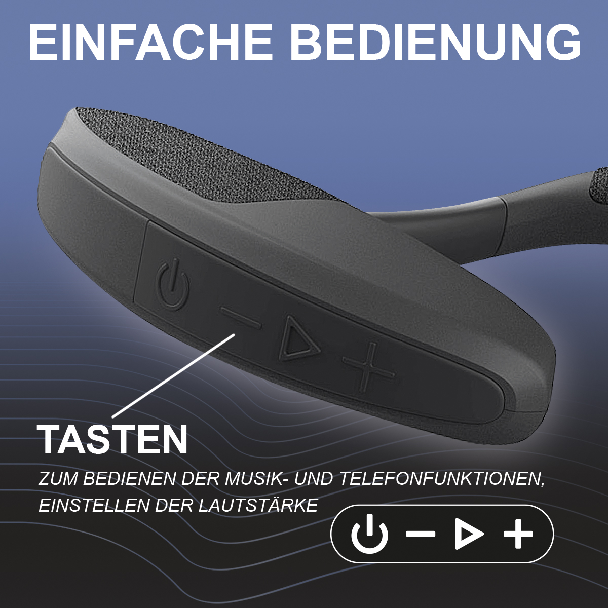 Nahaufnahme eines schwarzen Headset-Bedienfelds mit Lautstärke-, Ein-/Aus- und Wiedergabetasten.