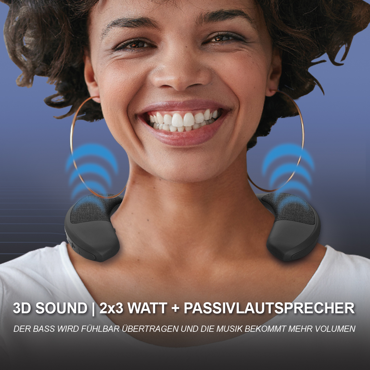 Frau mit Nackenlautsprecher. Text sagt '3D SOUND' und beschreibt Klangqualität.