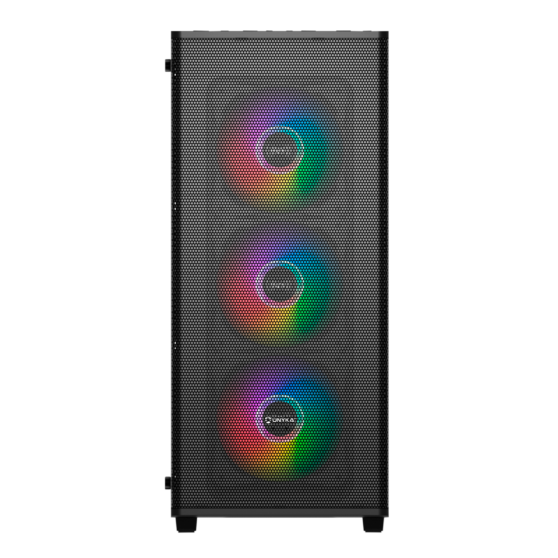 Caja de ordenador negra con tres ventiladores multicolores detrás de un panel frontal de malla.
