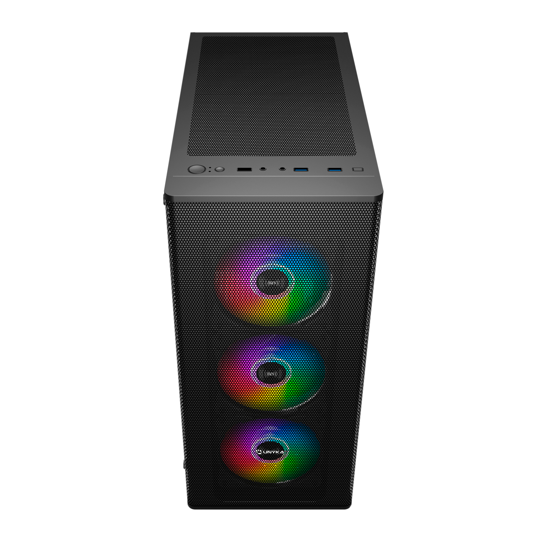 Case per computer. Nero con parte anteriore a rete. Ventole RGB, porte superiori. Vista prospettica, sfondo bianco.