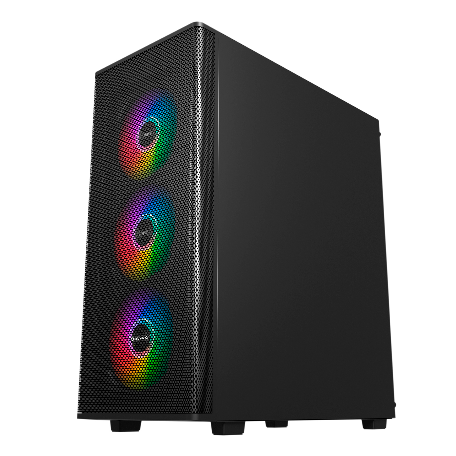 Case PC nero con tre ventole illuminate. Le ventole mostrano colori arcobaleno.