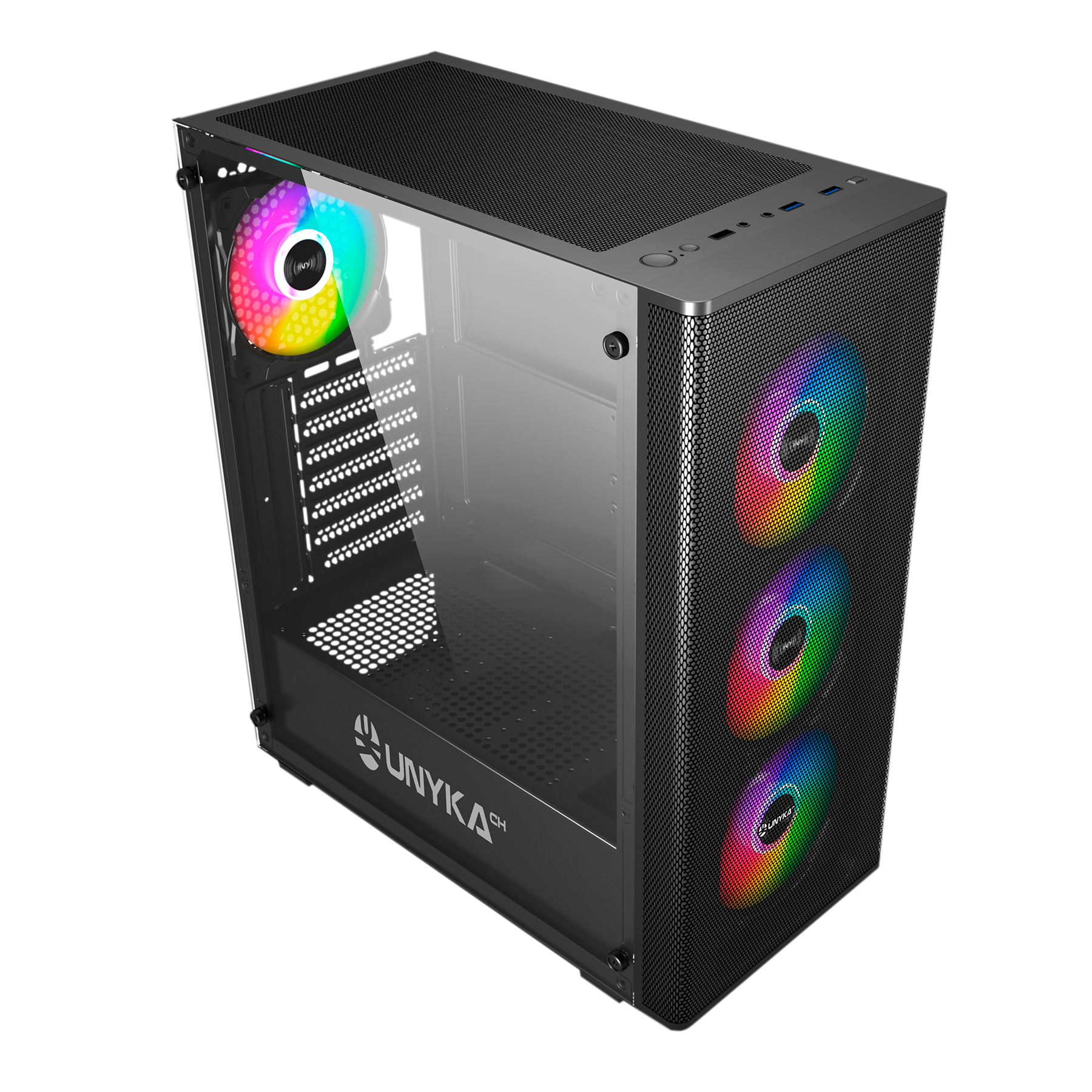 Caja de ordenador negra con panel lateral de cristal. Ventiladores RGB dentro y en la parte frontal.