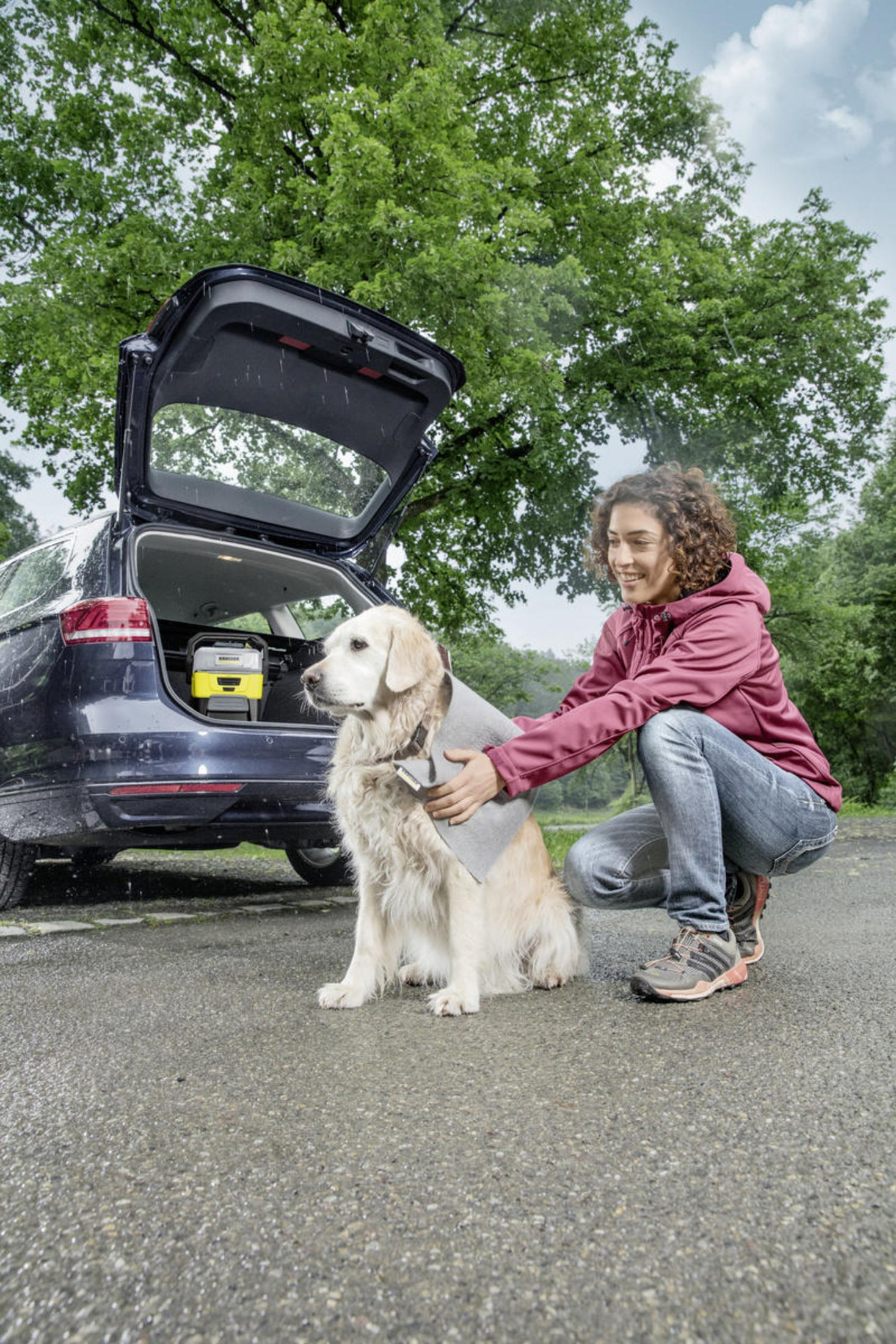 Femme caressant un golden retriever près d'une voiture avec le coffre ouvert.