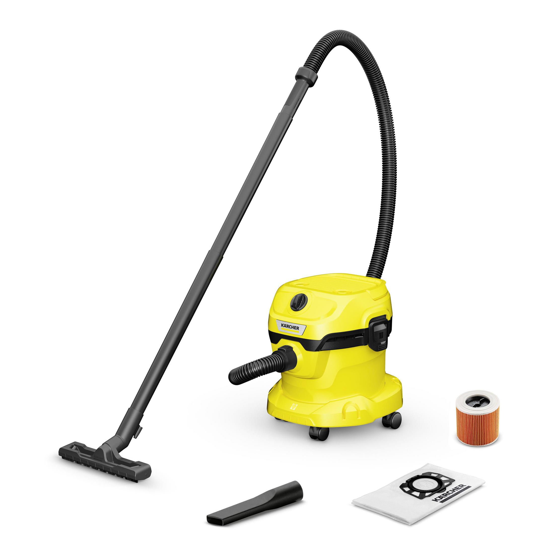 Aspirapolvere giallo Kärcher con accessori. Sfondo bianco.