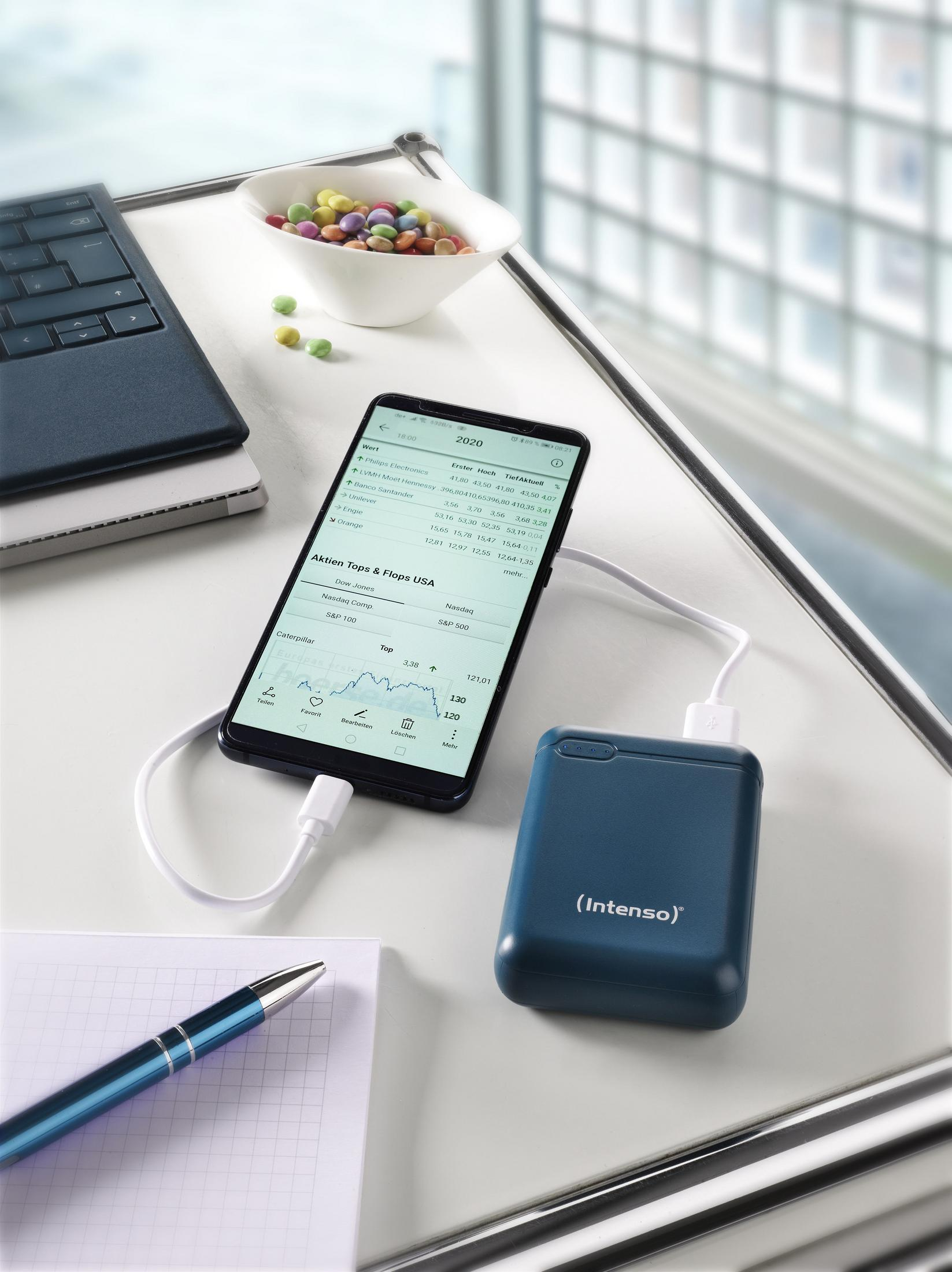 Teléfono inteligente cargándose con un banco de energía, bolígrafo y un cuenco de caramelos en un escritorio.