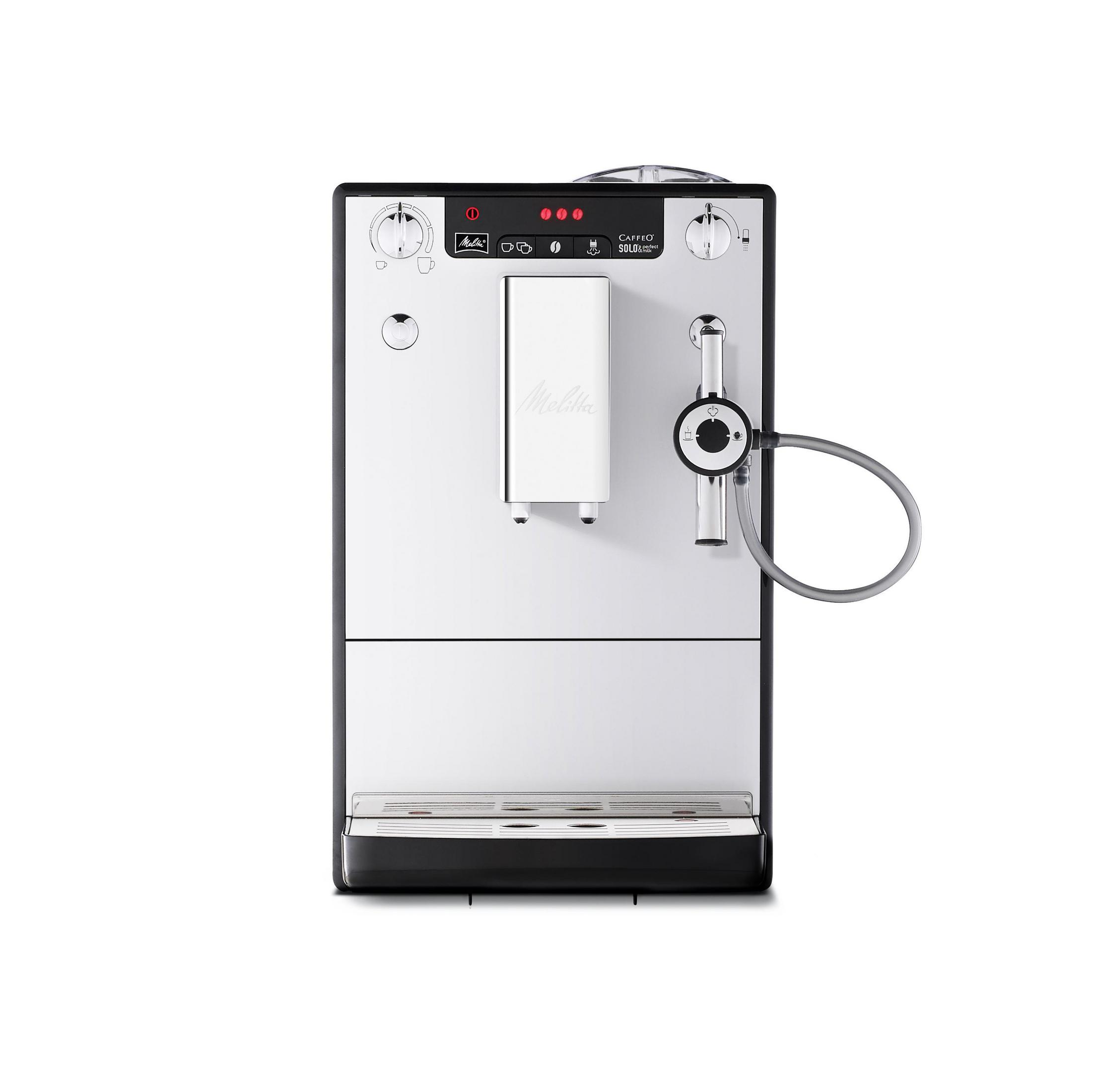 Weiße Melitta Kaffeemaschine mit schwarzen Akzenten. Isoliert auf weißem Hintergrund.