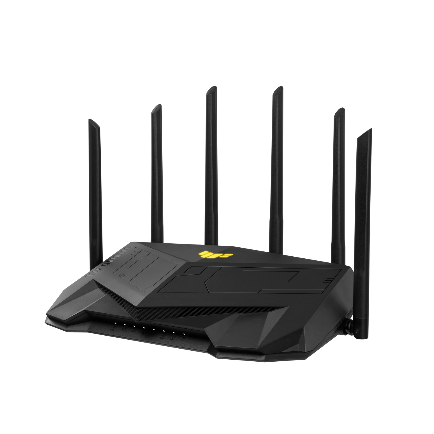 Router negro con siete antenas. El router tiene la palabra "TUF" y el logo ASUS.