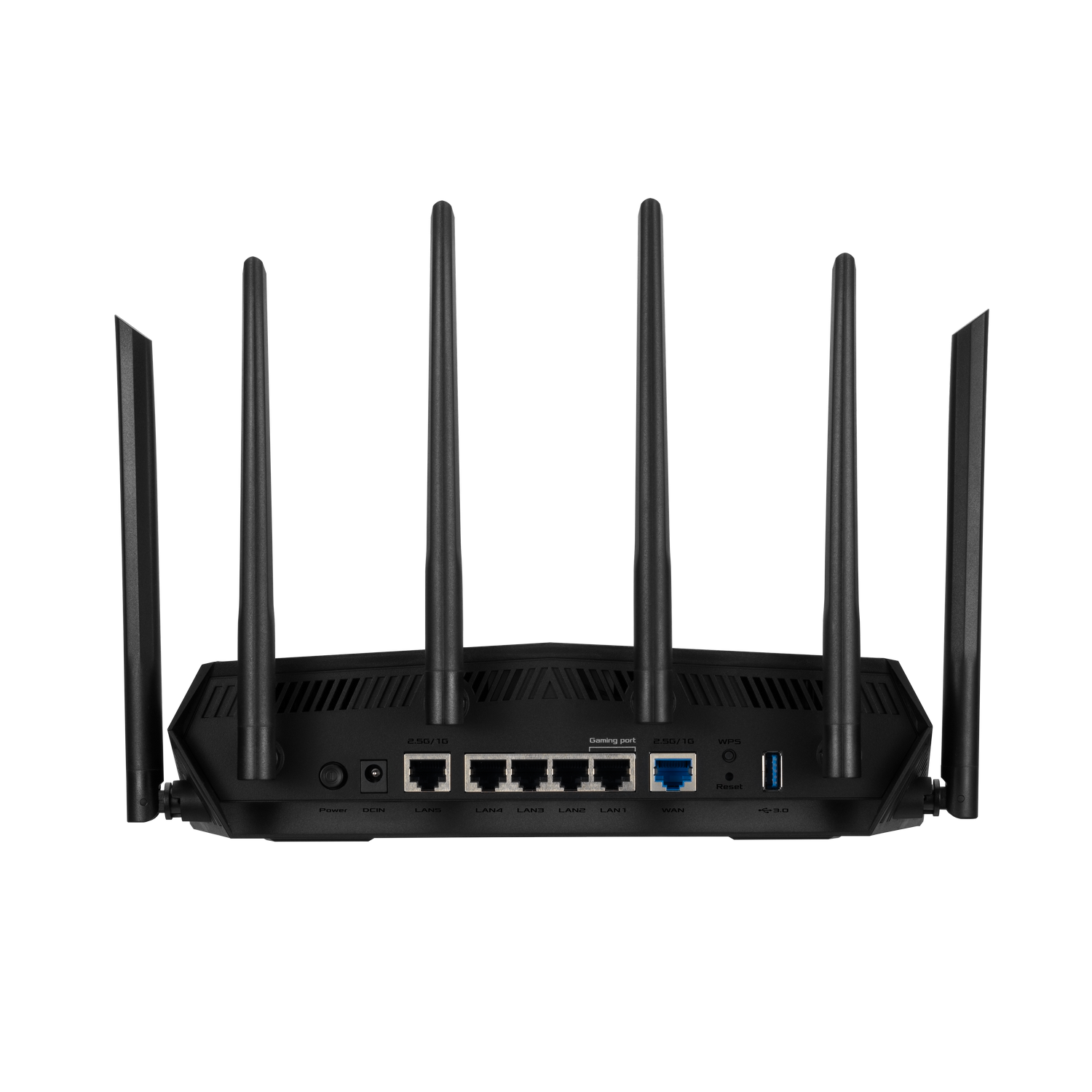 Enrutador negro con múltiples antenas. Los puertos y botones son visibles en la parte trasera.