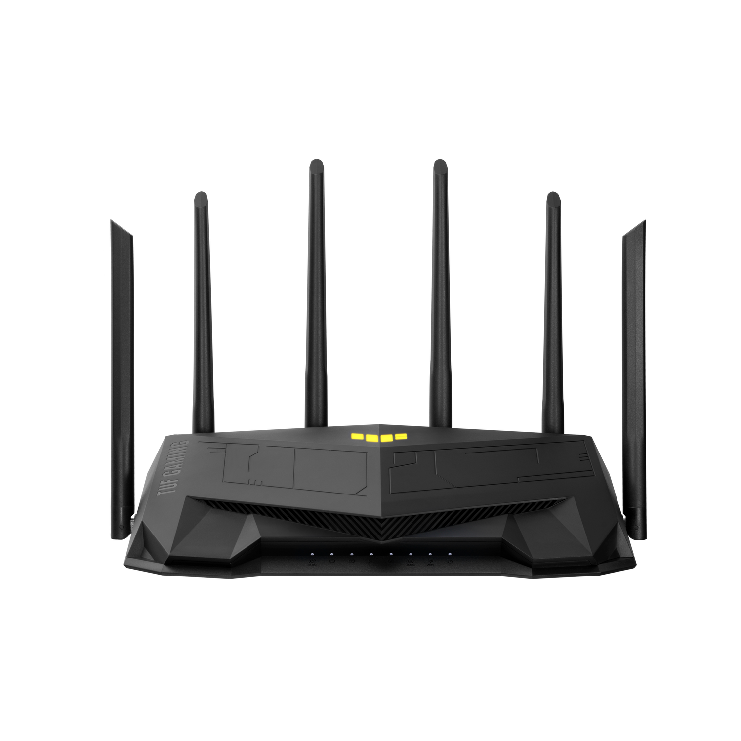Un enrutador negro con varias antenas, sobre un fondo negro.