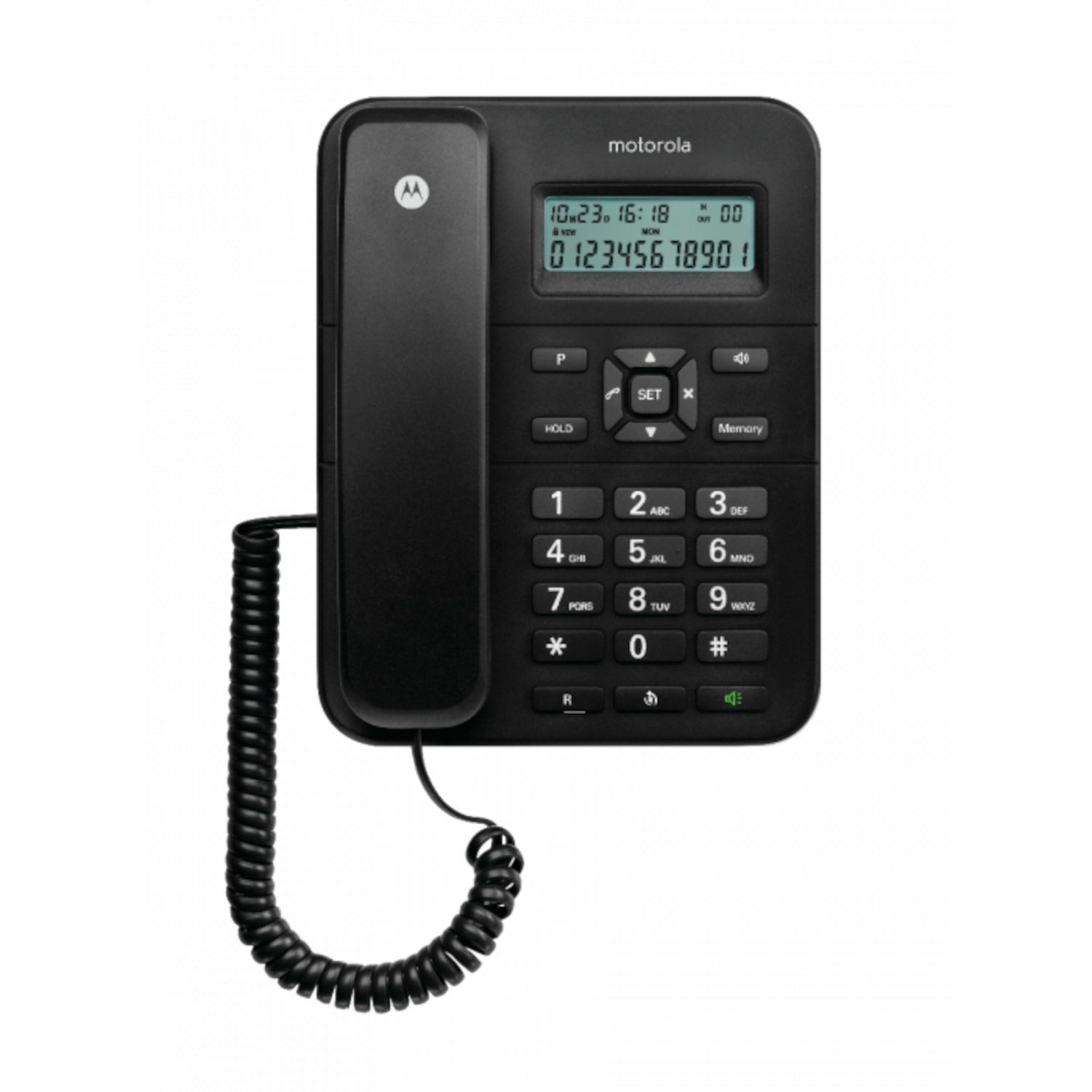 Teléfono con cable Motorola negro. Tiene pantalla, teclado numérico y teclas de función. Fondo negro.