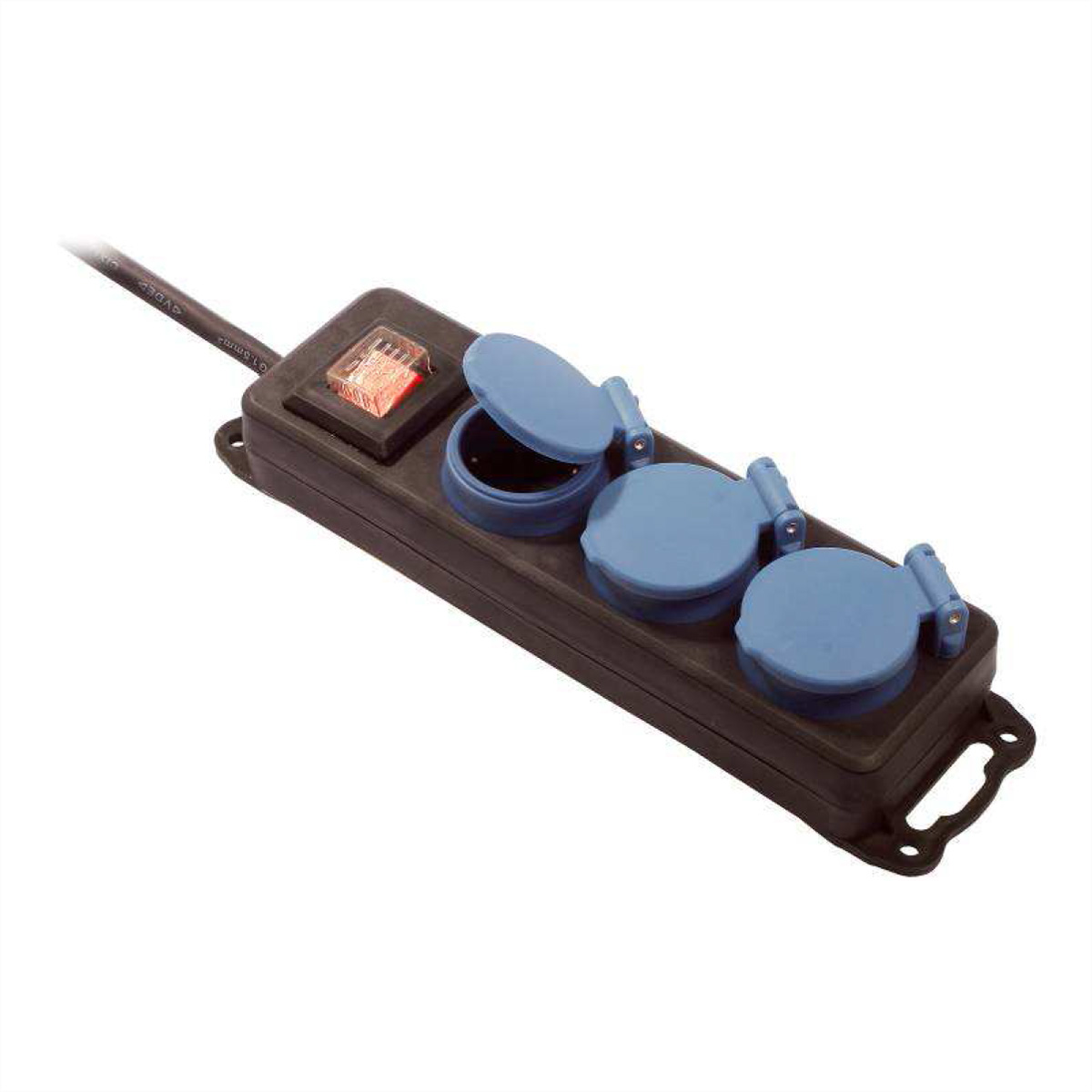 Czarny przedłużacz z niebieskimi gniazdami i czerwonym przełącznikiem.